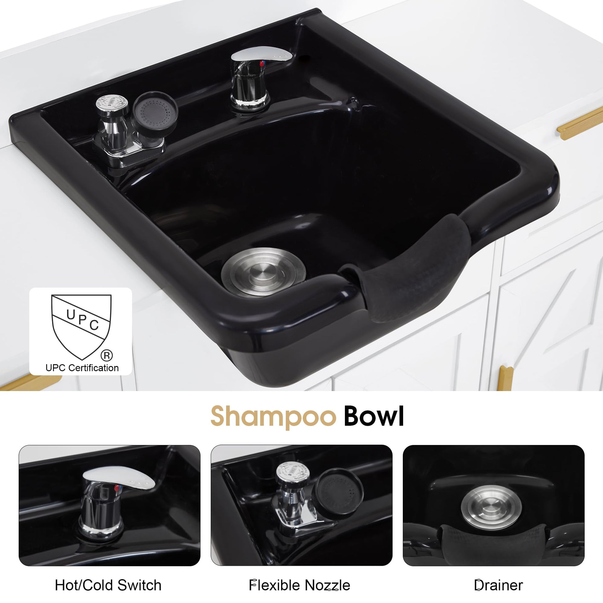 Lavender BarberPub Portable Shampoo Station, Shampoo Bowl with Cabinet & Drawer, Salon Geometric Finish Station with Sprayer Faucet, Barber Storage Equipment with Hair Wash Backwash Sink 3439 (White & Black)