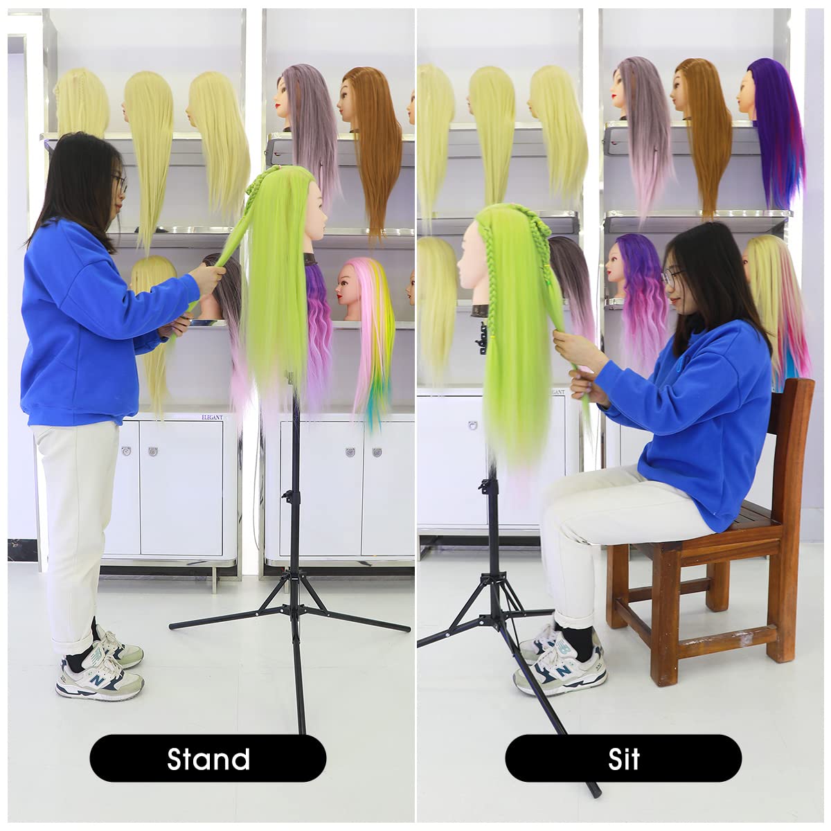 Light Gray LNASI Mannequin Head Stand, Upgrade Foldable Wig Stand Tripod for Cosmetology Hairdressing Training, Metal Adjustable Wig Head Stand with Wig Caps, T-Pins, Comb, Hair Clips