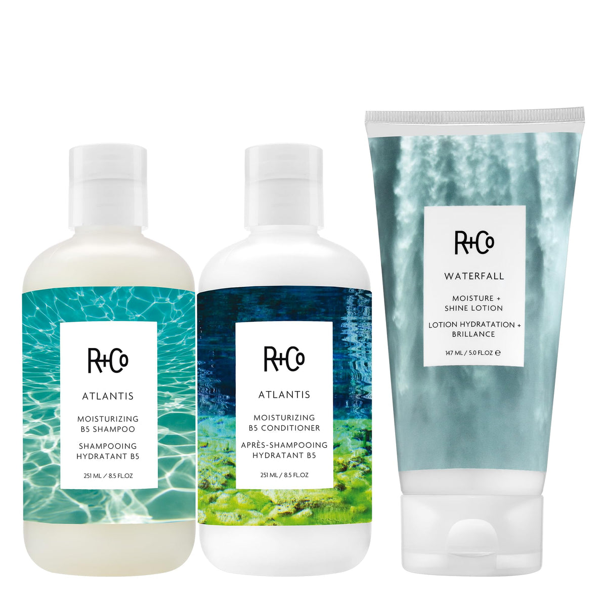 White Smoke R+Co ATLANTIS Shampoo, Conditioner + CRYSTAL HALO Balancing Scrub, Shampoo