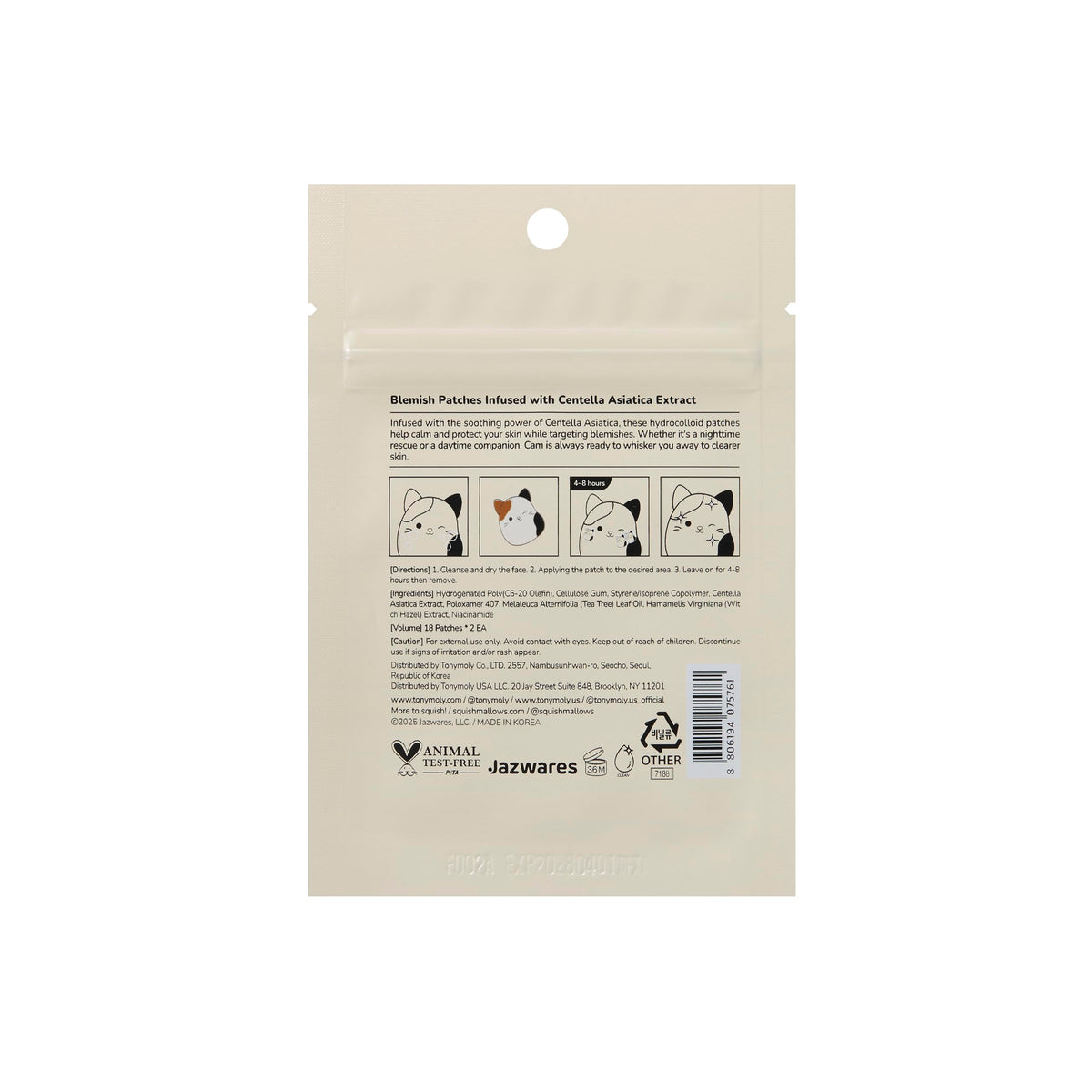Light Gray TONYMOLY x Squishmallows Cam Hydrocolloid Acne Blemish Patches, 36 Count
