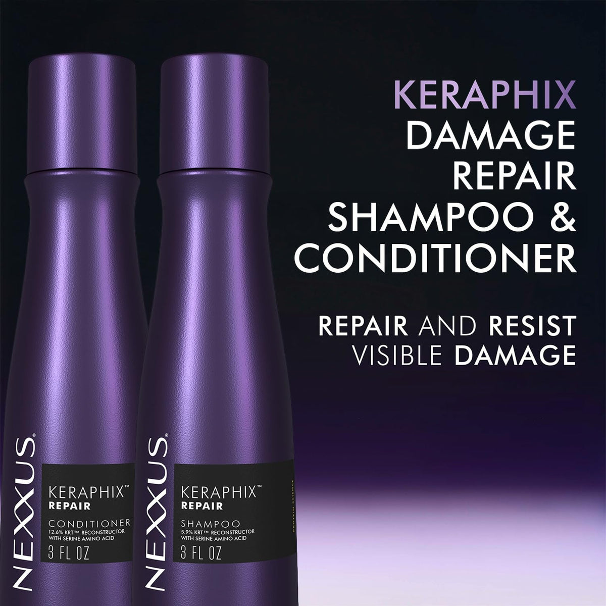 Black Nexxus Travel Shampoo & Conditioner Set, Keraphix – Keratin Repair Products for Dry, Damaged Hair, Split Ends, Frizz Control, 3 Oz Ea