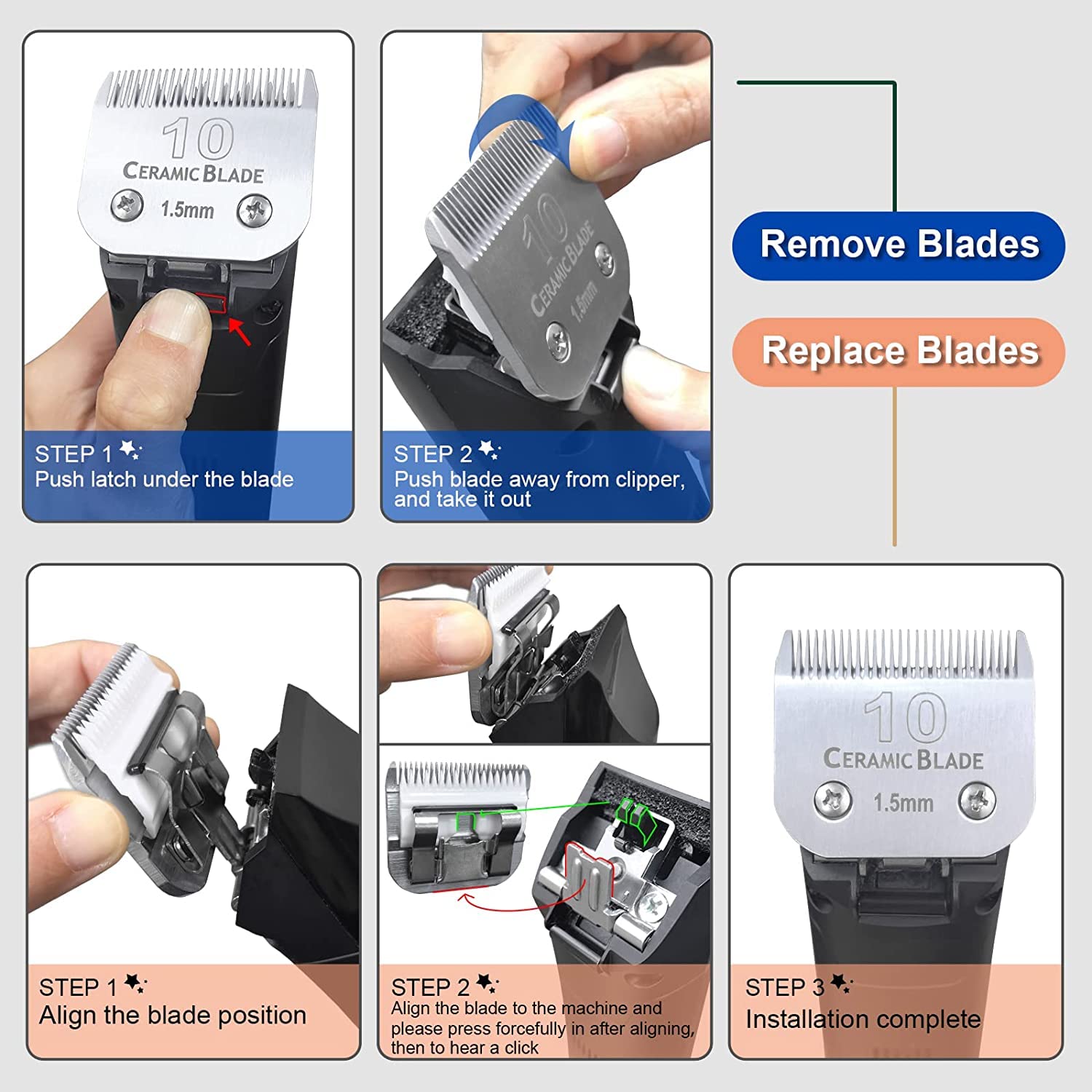 White Smoke Size 10/7FC/5FC/4FC Detachable Pet Dog Grooming Clipper Ceramic Blades Set,Compatible with Andis,Oster A5,Wahl KM10 Series Clippers,Cut Length 1/16"(1.5mm) to 3/8"(9.5mm),4 Pack