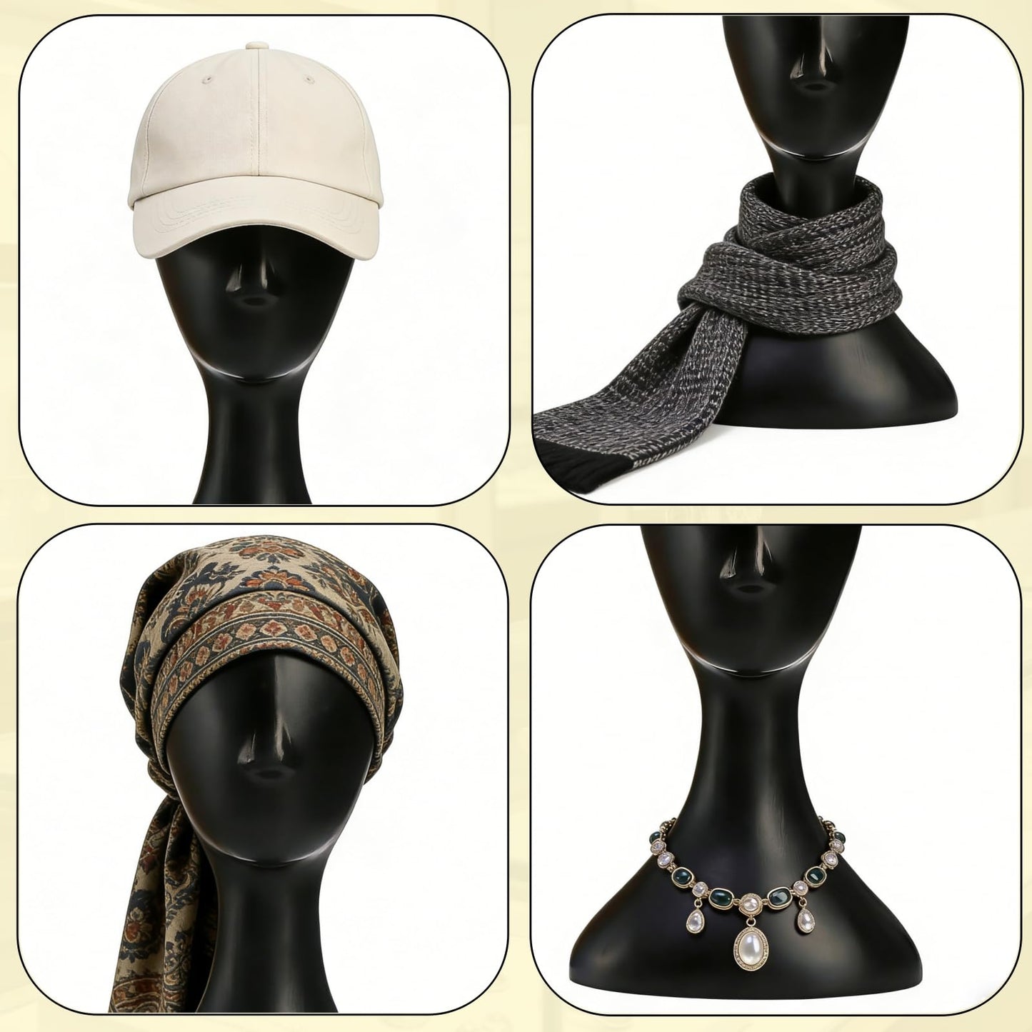 White Smoke Acshio Professional Plastic Mannequin Head, 16 Inch Model Wig Head Stand with Neck for Women Men, Styling Making Display Holder with Jack for Hat, Mask, Headdress, Necklace, Black
