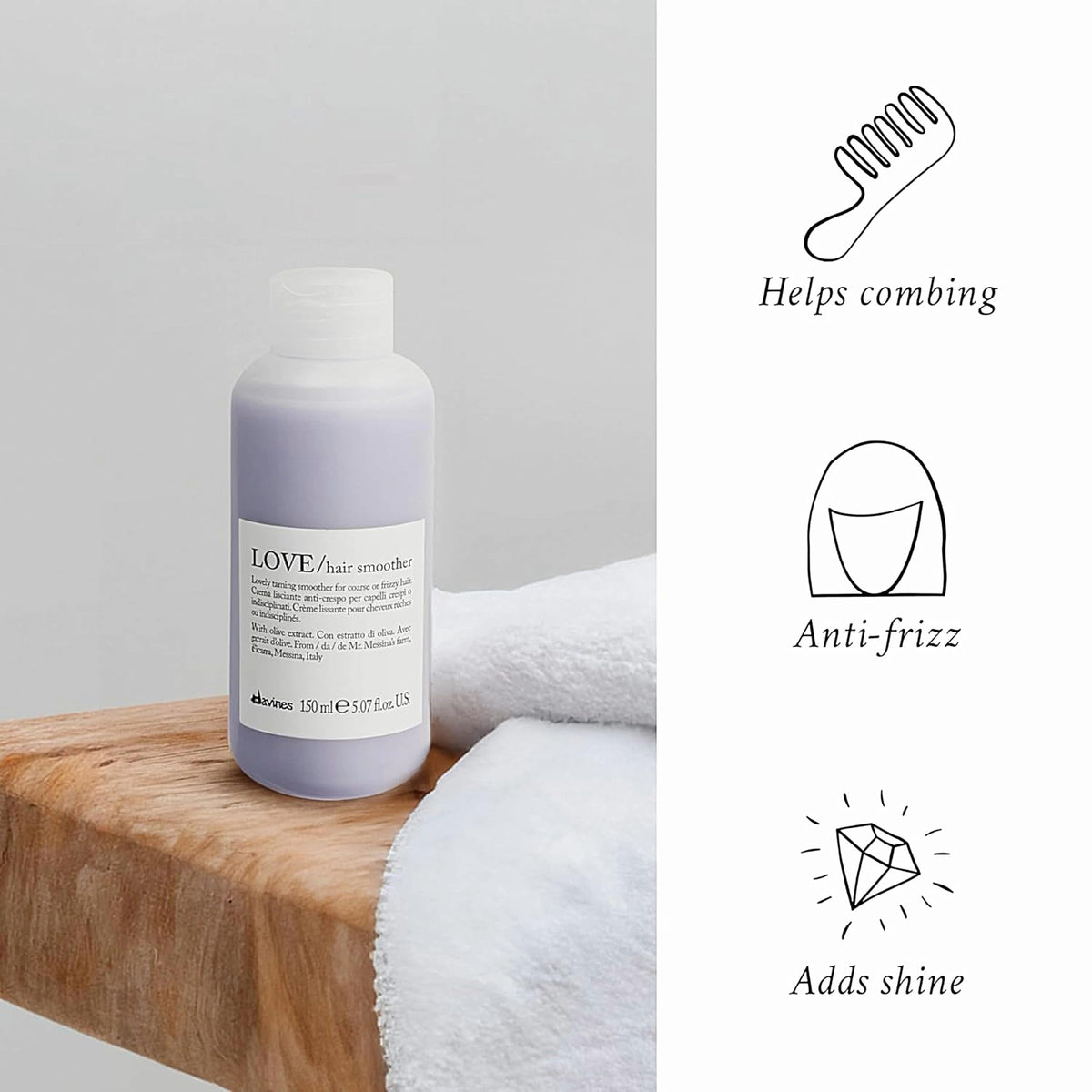 White Smoke Davines LOVE Hair Smoother, Leave-On Cream To Smooth Frizzy, Unruly Or Wavy Hair Weightlessly, 5.07 Fl. Oz.
