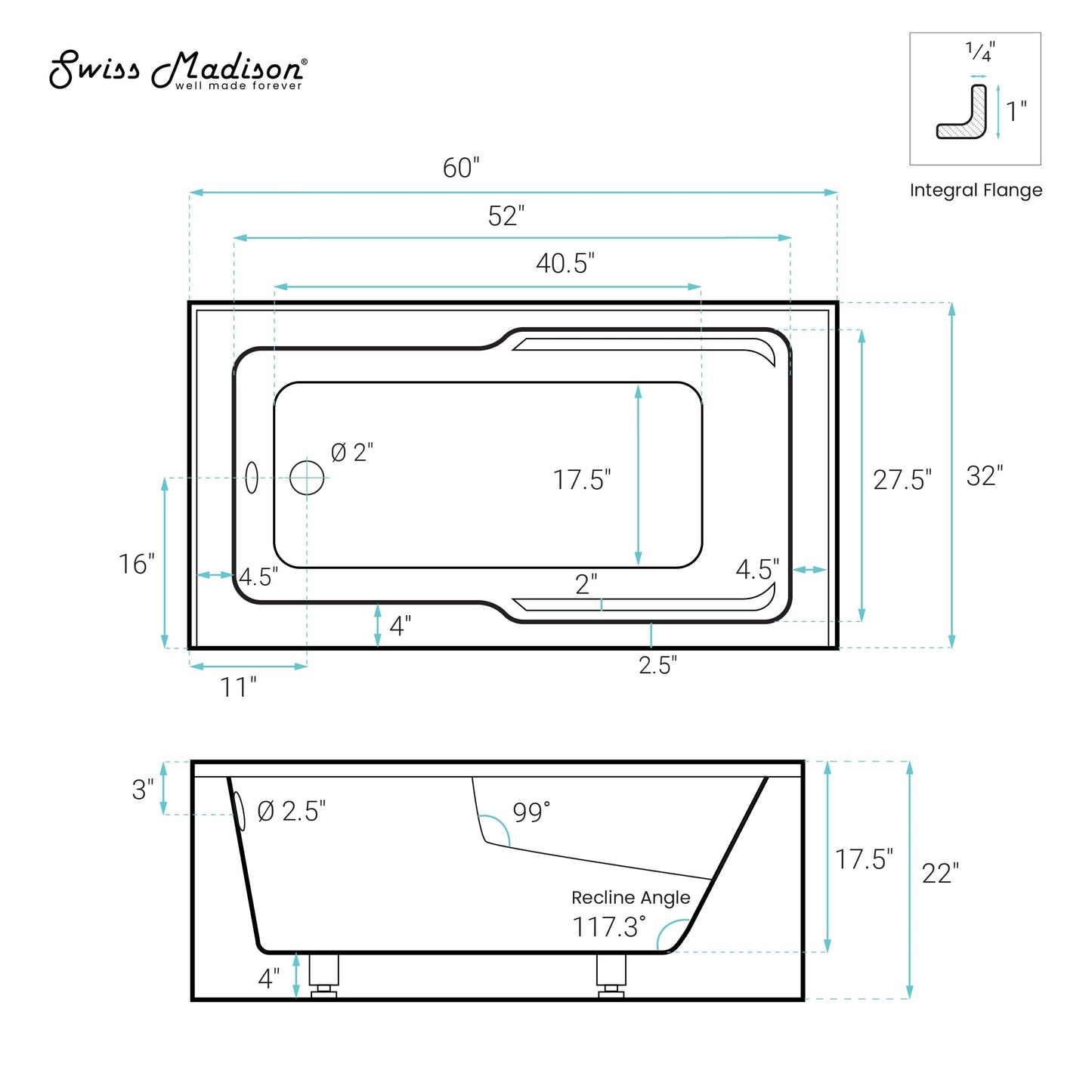 White Smoke Swiss Madison Voltaire 60 x 32 Left Drain Soaking Alcove Corner Apron Bathtub in Matte Gray
