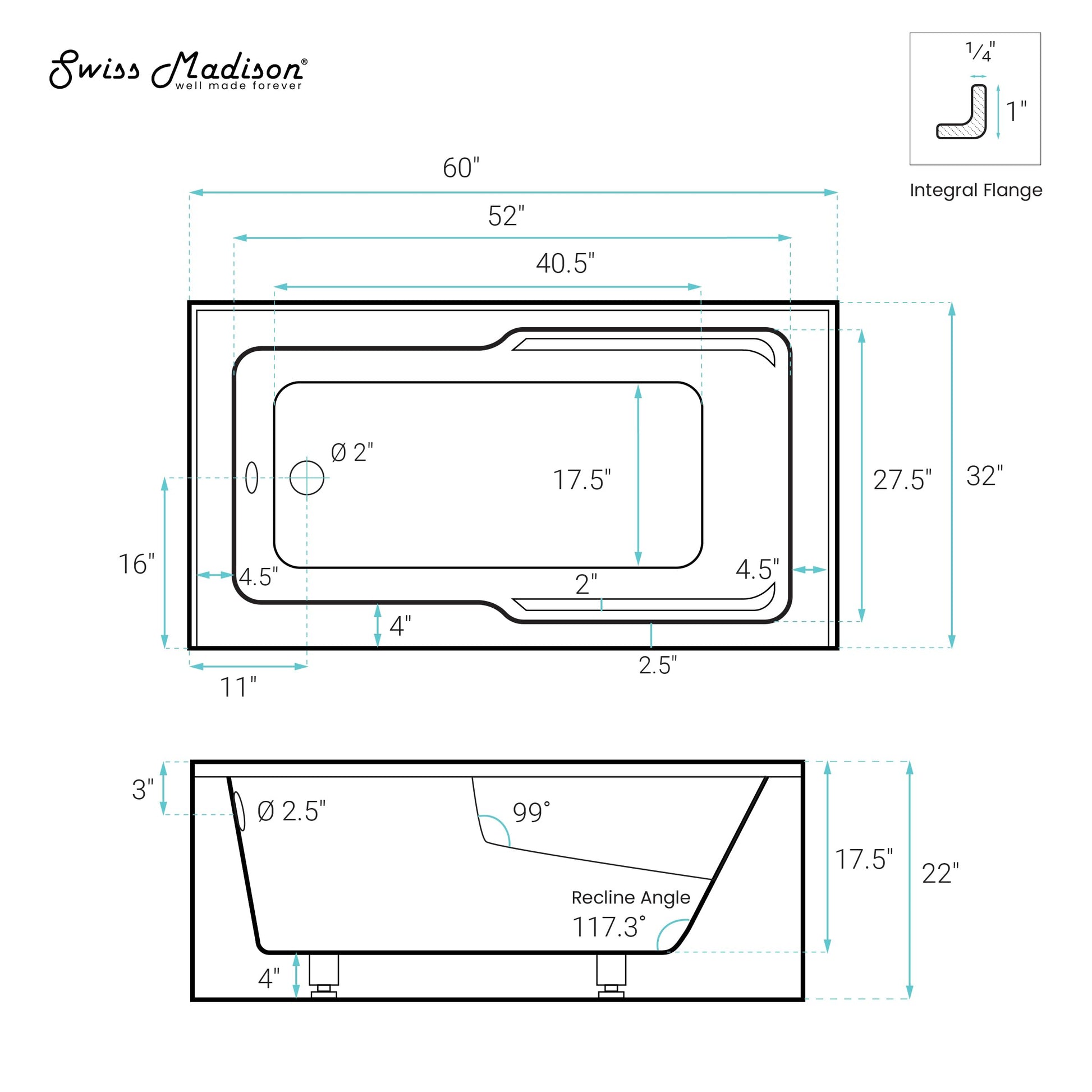 White Smoke Swiss Madison Voltaire 60 x 32 Left Drain Soaking Alcove Corner Apron Bathtub in Matte Gray