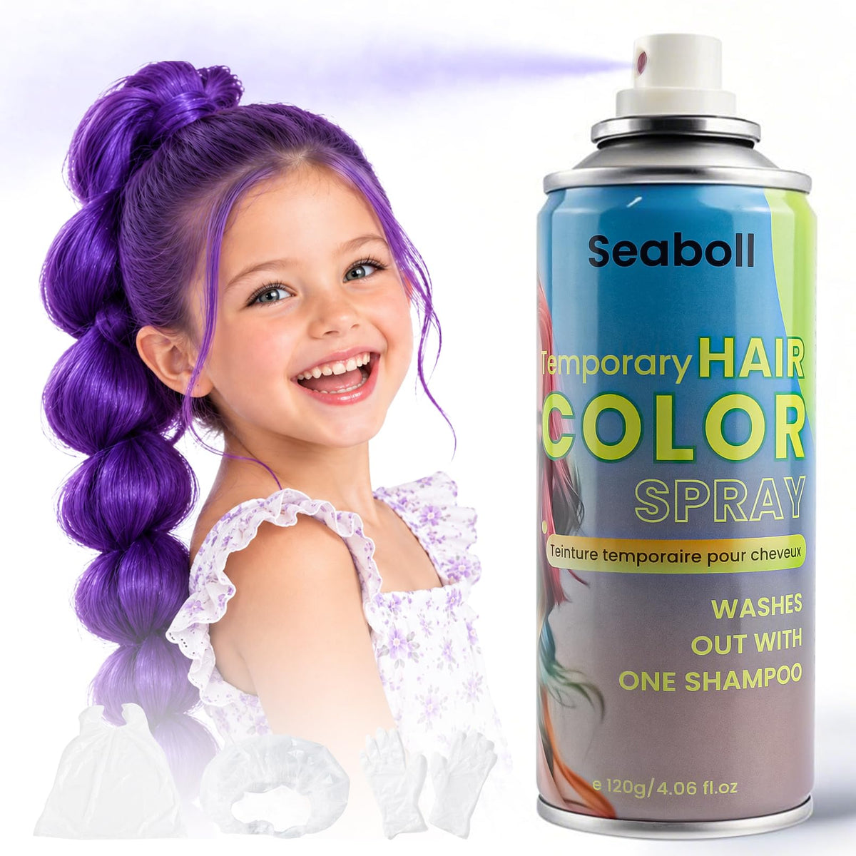 White Smoke Seaboll Purple Temporary Hair Color Spray, Instant Vibrant Color, 4.06 oz