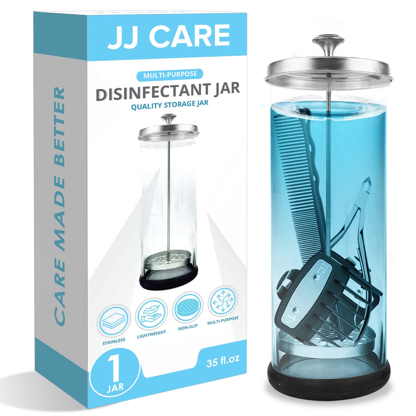 White Smoke JJ CARE Disinfectant Jar (35oz) - Barber Disinfectant Jar Glass, Sanitizer Container w/Stainless Steel Removable Strainer & Cap for Manicure, Salon, Spa and Barber Tools - Silver Lid