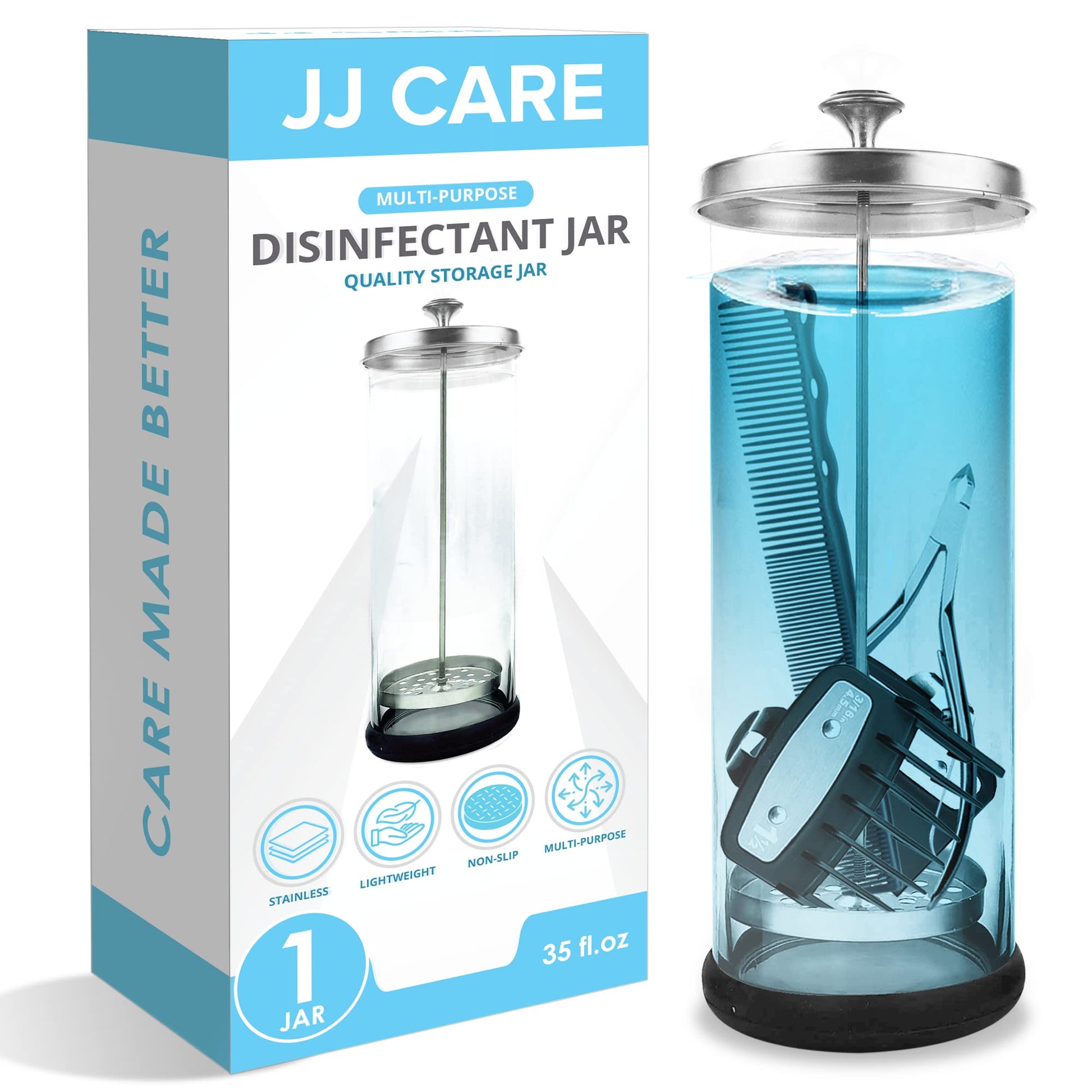 White Smoke JJ CARE Disinfectant Jar (35oz) - Barber Disinfectant Jar Glass, Sanitizer Container w/Stainless Steel Removable Strainer & Cap for Manicure, Salon, Spa and Barber Tools - Silver Lid