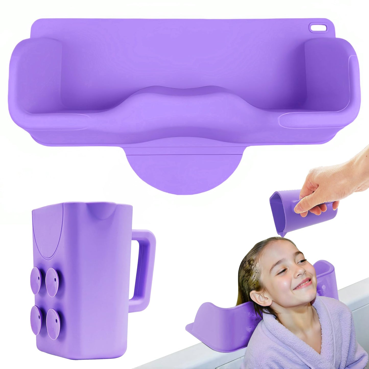 White Smoke Portable Hair Washing Station for Kids, Toddlers, Children, Teens, Silicone Hair Washing Basin for Sink or Bathtub, Tear-Free Shampoo Bowl with Rinser Cup, Neck Support for Kids, Purple