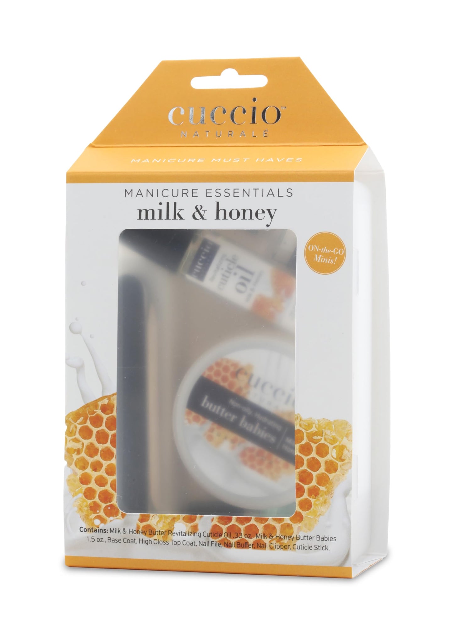Light Gray Cuccio Naturale Manicure Essentials Starter Set, Milk & Honey, 8-Piece At-Home Manicure Kit with Body Butter 1.5 oz, Cuticle Oil Roll-On 10 mL, Base & Top Coat, Nail Tools