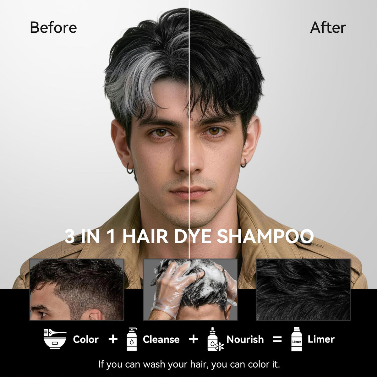 Black Limer Black Hair Dye Shampoo for Stubborn Gray Hair, 3 in 1 Color Shampoo