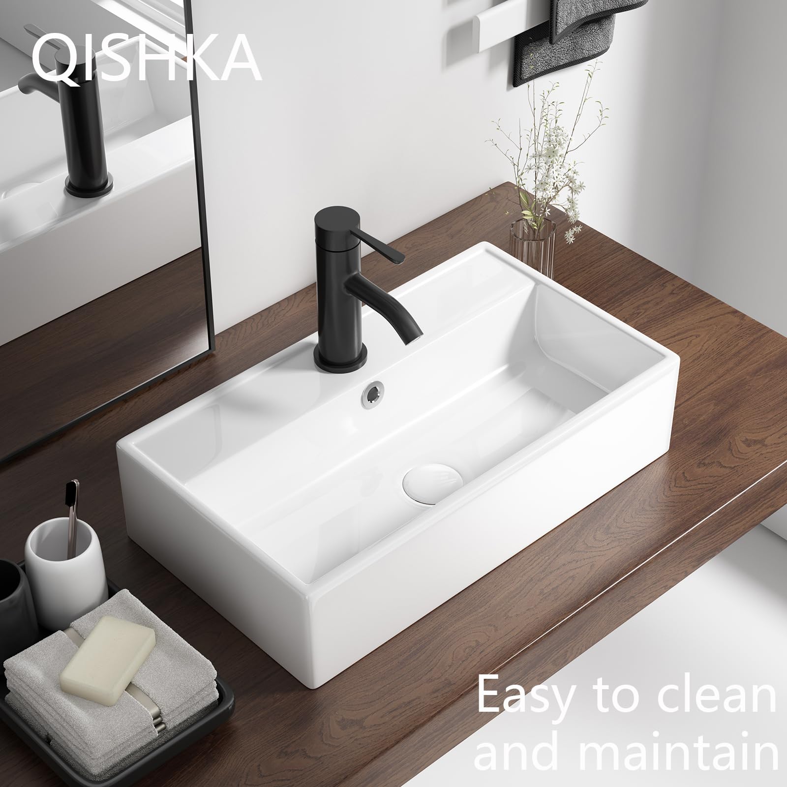 Lavender Wall Mount Rectangular Vessel Sink with Towel Rack, QISHKA 21.5"x12.5" Modern Ceramic Bathroom Floating Sink, White Rectangle Vanity Sink with Overflow, Wall Hung Wash Hand Basin