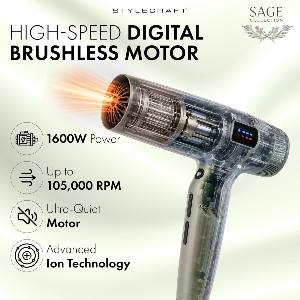 White Smoke StyleCraft Sage 1600W Brushless Motor Ionic Hair Dryer with LED Display
