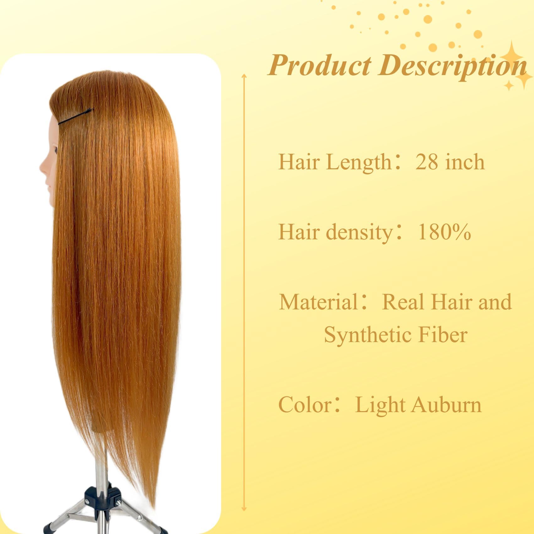 White Smoke Makeup Mannequin Head with 80% Light Auburn Real Hair, Practice Hair Mannequin Head for Hair Styling, 28" Cosmetology Training Doll Head for Kids