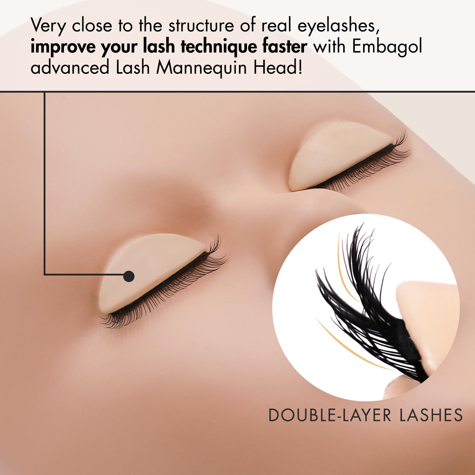 Tan Embagol Lash Mannequin Head for Eyelash Extensions with 2 Layers Replaced Eyelids Double Layer Replacement Eyelids for Lash Practicing and Training Lash Supplies (1 Head +3 Pairs Eyelids)