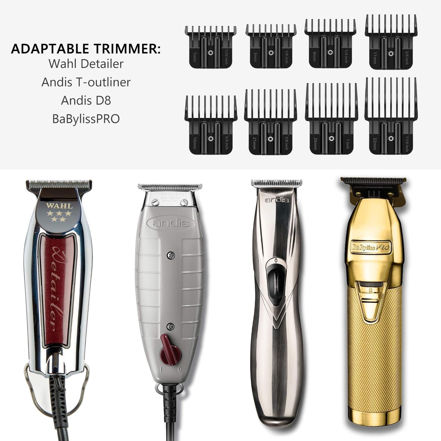 White Smoke 8 Pack Clipper Guards for Wahl Detailer & Andis T Outliner & BaByliss PRO, 1/32" to 11/4" Universal Hair Clipper Guards Set, Snap-on Blade Attachment Combs with Springs for Most Hair Clippers, Black