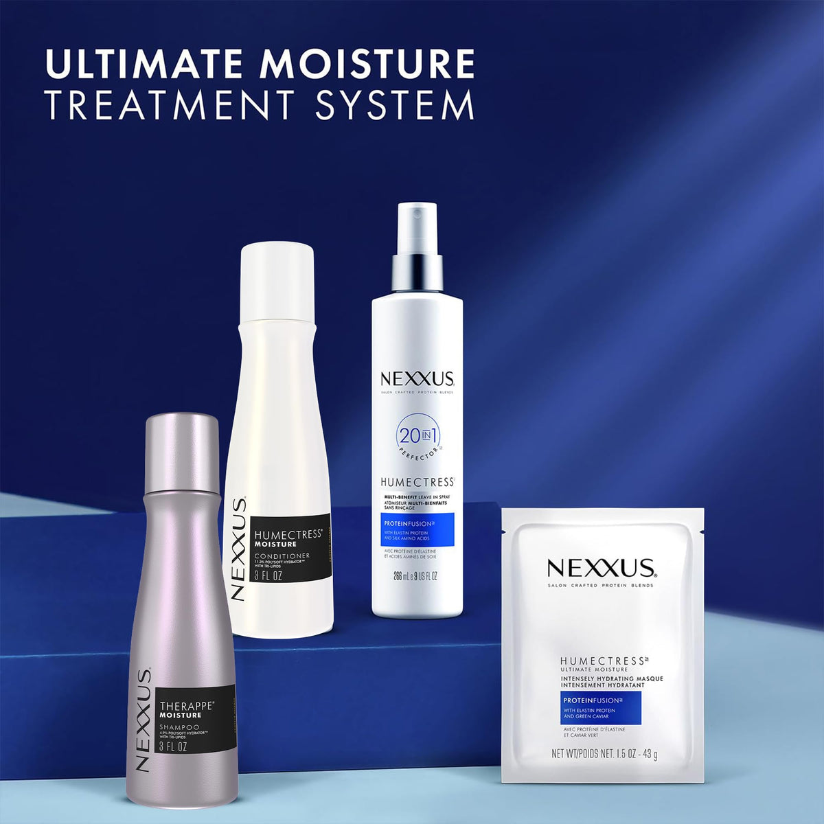 Midnight Blue Nexxus Therappe Shampoo & Humectress Conditioner, Travel-Size (6 Sets, 12 Bottles), Elastin Protein & Green Caviar Revive Dry Hair with 24H Moisture, 3 Oz Ea