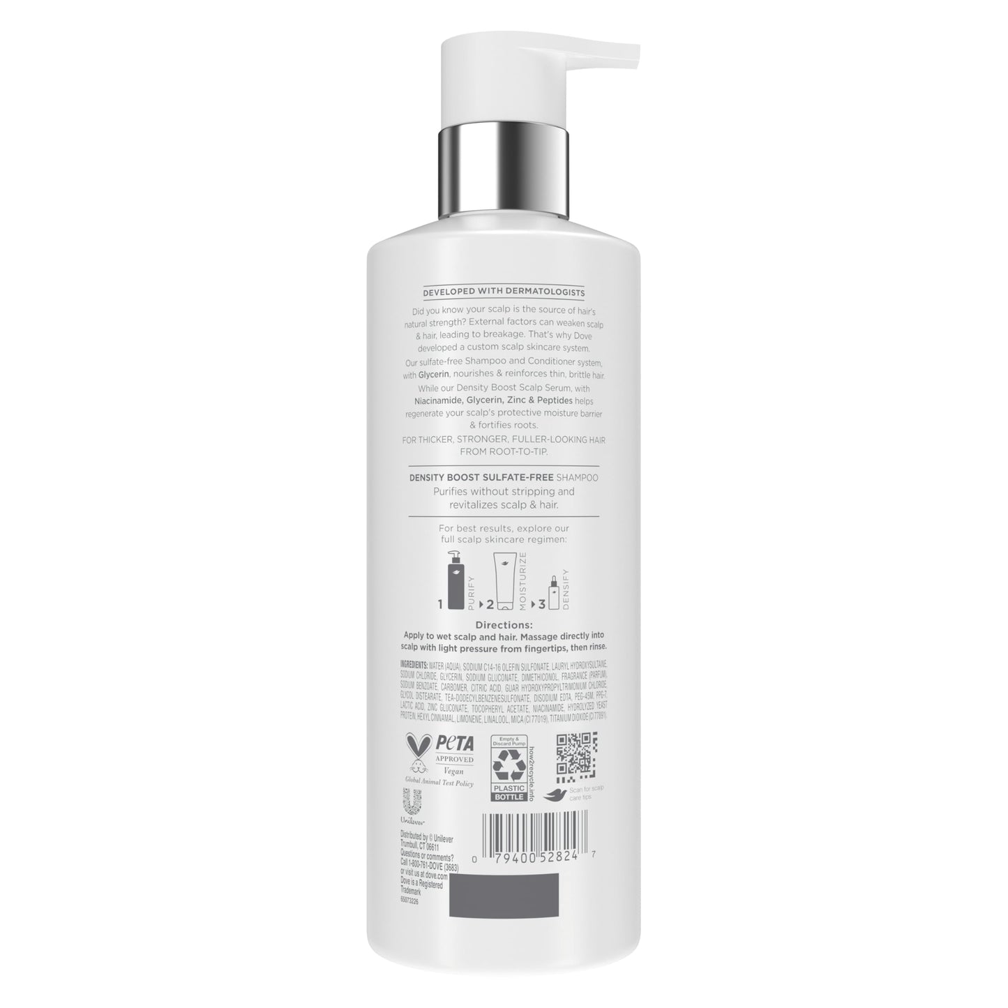 Light Gray Dove Derma Scalp Density Boost Shampoo 1 ct With Glycerin, Sulfates And Zinc + Peptides For Hair Loss And Breakage 16 oz