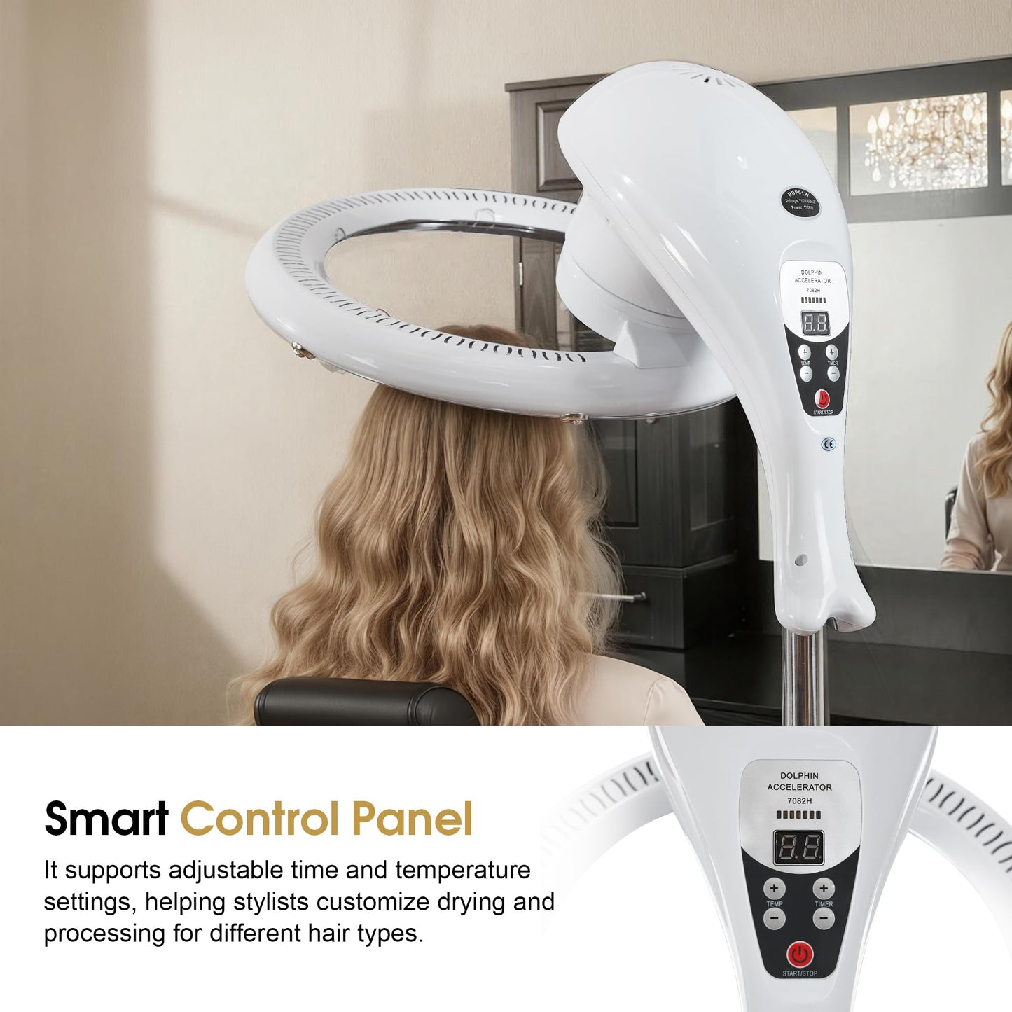 White Smoke BarberPub Orbiting Hair Dryer Processor with Adjustable Height & Smart Control Panel, 1100W Salon Hair Care Stand Station with Rolling Base for Hairstylist HDP01 (White)