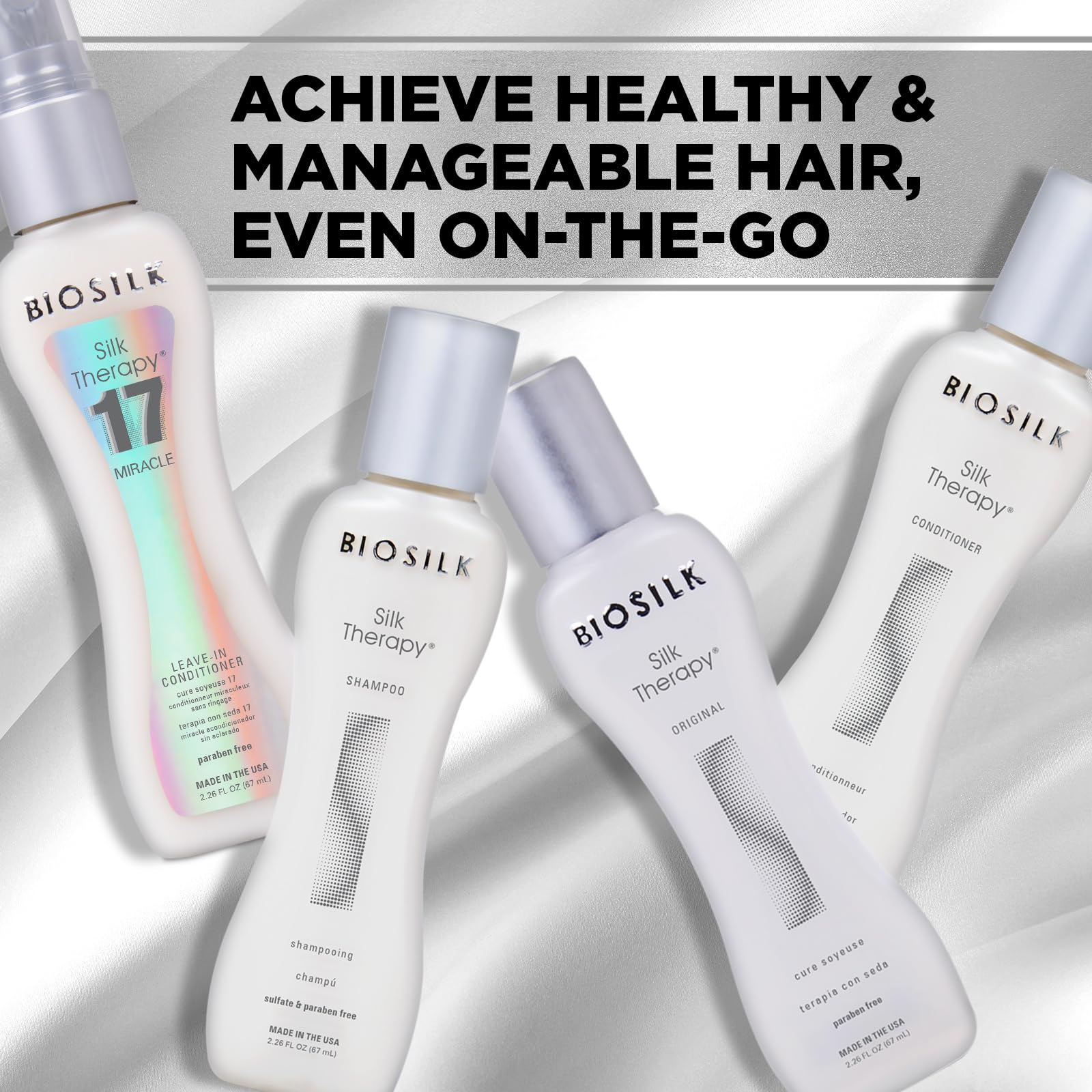 Light Gray Biosilk The Miracle of Silk Kit, Includes Silk Therapy Shampoo, Conditioner, Original Leave-In Treatment, Miracle 17 Leave-In Treatment, 2.26 Oz Each
