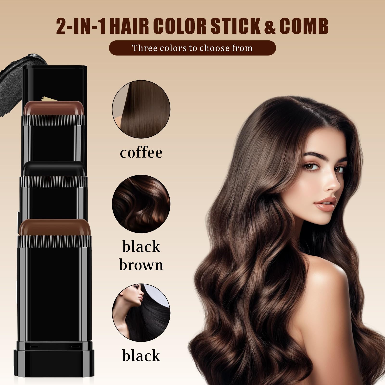 Black 3PCS 2 in 1 Instant Hair Color Stick, Waterproof and Sweat Proof Hair Dye Stick, Portable 3 Color Touch-Up Hair Sticks With Comb for Women Men
