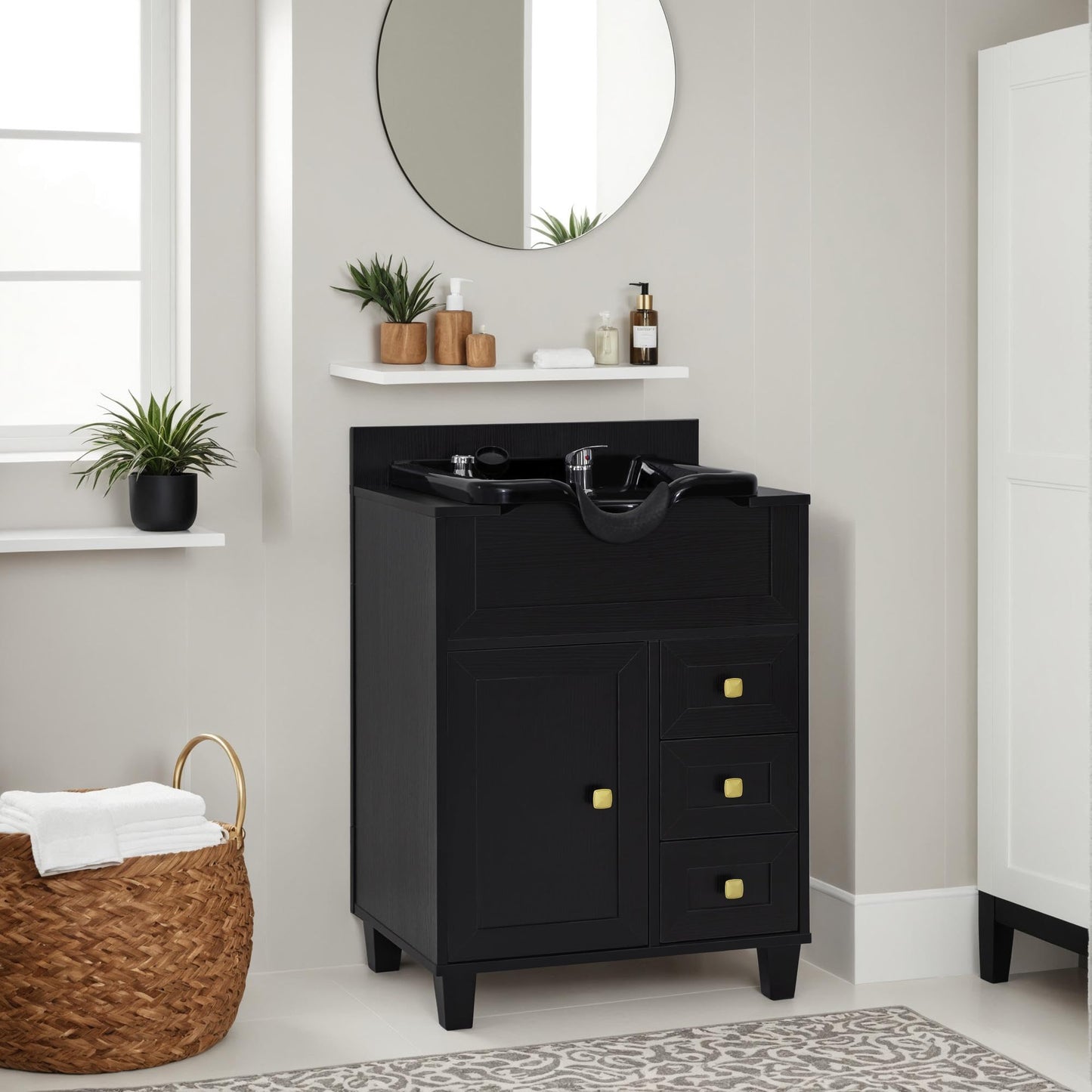 Gray BarberPub Barber Storage Shampoo Station, Spa Textured Embossed Cabinet with Shampoo bowl & Drawers, Hair Salon Sink Backwash Equipment 7131 (Black)