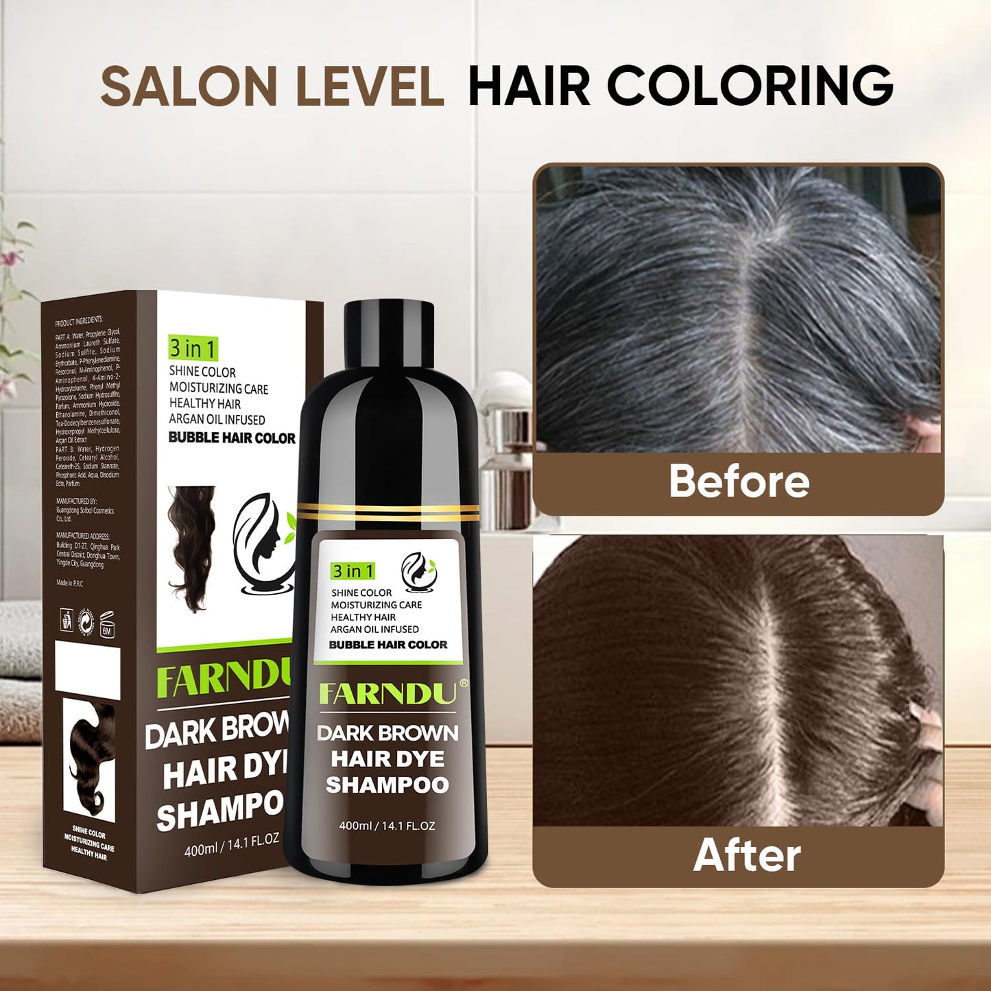 Lavender Farndu Dark Brown Hair Dye Shampoo for Women Men, 3 in 1 Hair Color Shampoo Dye for Grey Hair Coverage Champu Para Canas Mujer