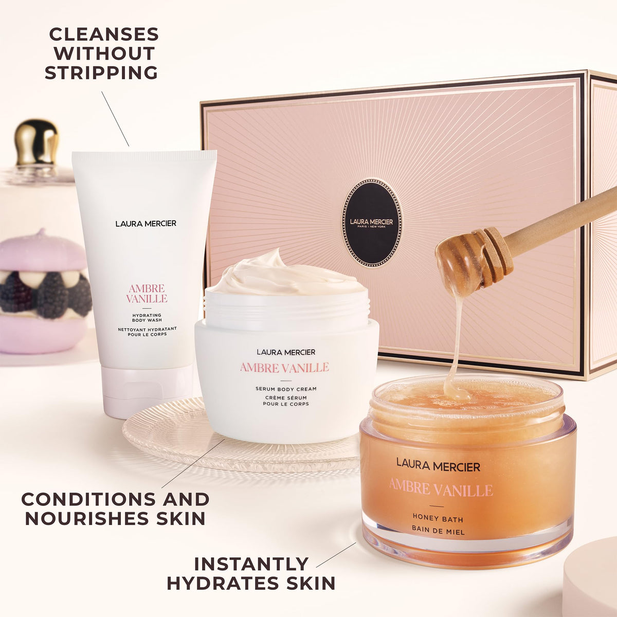 White Smoke Laura Mercier Delicious & Decadent Ambre Vanille Collection, Serum Body Cream with 48HR Hydration, Hydrating Body Wash to Soften and Smooth Skin, Honey Bath Gel, Foaming Bubble Bath, Holiday Gift Set