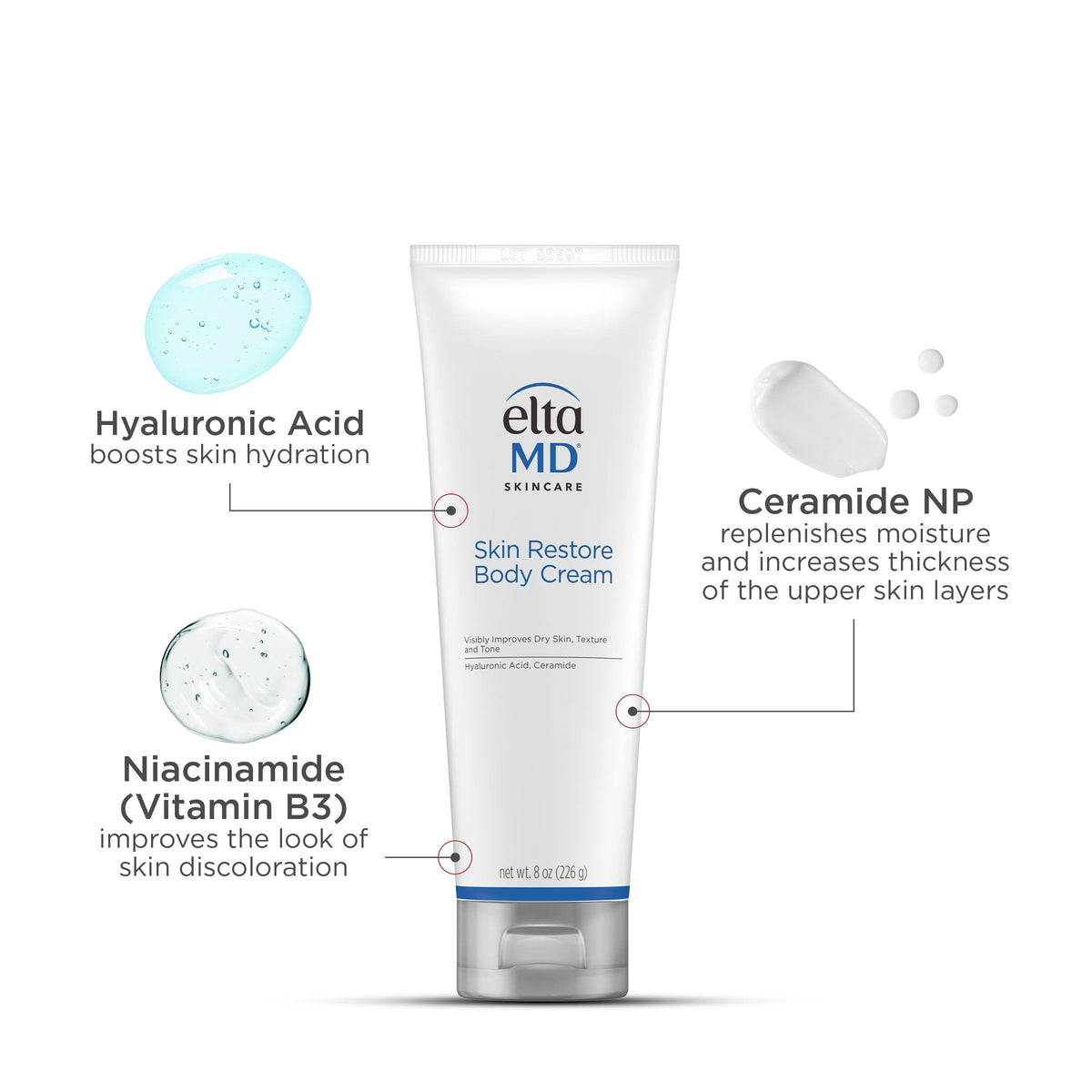 White Smoke EltaMD Skin Restore Body Cream, Hyaluronic Acid and Niacinamide, 8 oz