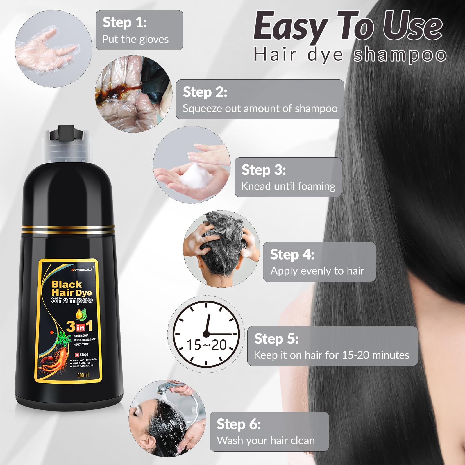 White Smoke MEIDU Black Hair Dye Shampoo 3 in 1 for Gray Hair, Black Hair Dye for Women Men, Hair Color for Women Herbal Ingredients Natural (500ml,16.9oz) (Black)