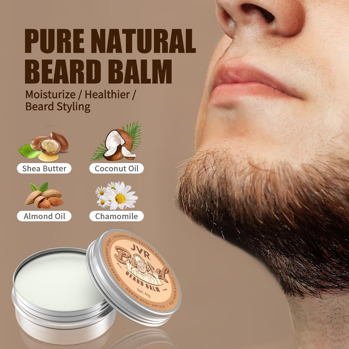 Rosy Brown JVR Beard Grooming Kit for Men, Beard Care Kit Includes Oil and Balm,100% Boar Brush Vegan Just for Men Mustache, Perfect Gifts for Him Man Dad Boyfriend