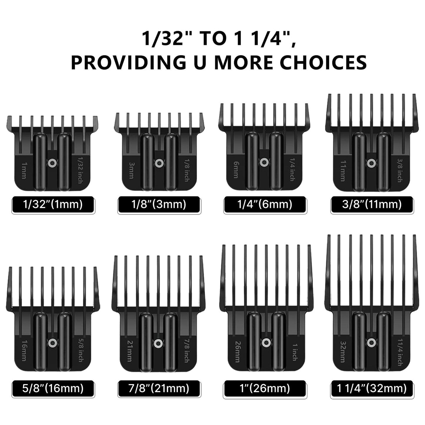 White Smoke 8 Pack Clipper Guards for Wahl Detailer & Andis T Outliner & BaByliss PRO, 1/32" to 11/4" Universal Hair Clipper Guards Set, Snap-on Blade Attachment Combs with Springs for Most Hair Clippers, Black