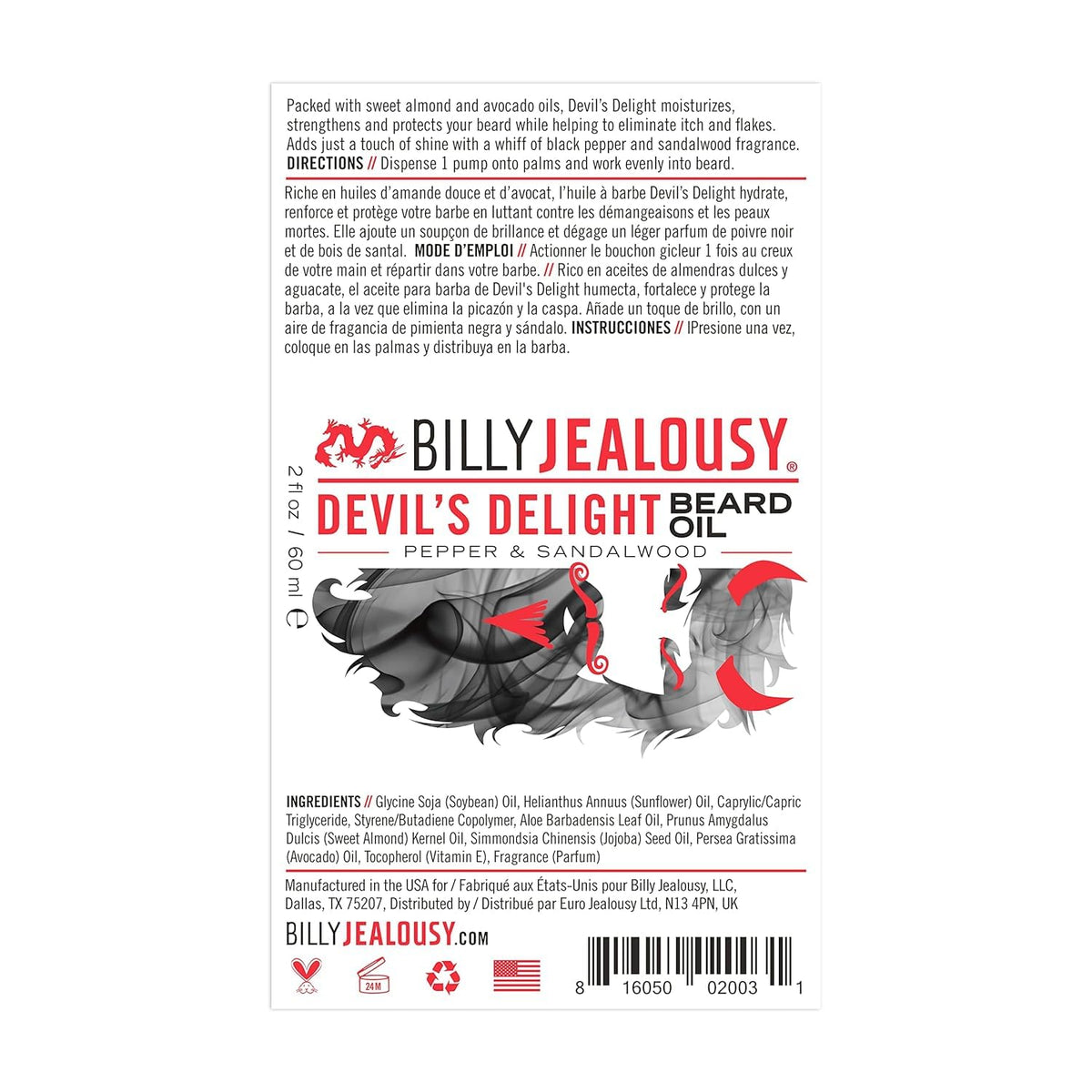 White Smoke Billy Jealousy Beard Oil for Men, Weightless, Low Shine, and Hydrating Beard Moisturizer for Softer Hair, Helps Prevent Itching and Flakes, Devil's Delight, 2 Fl Oz