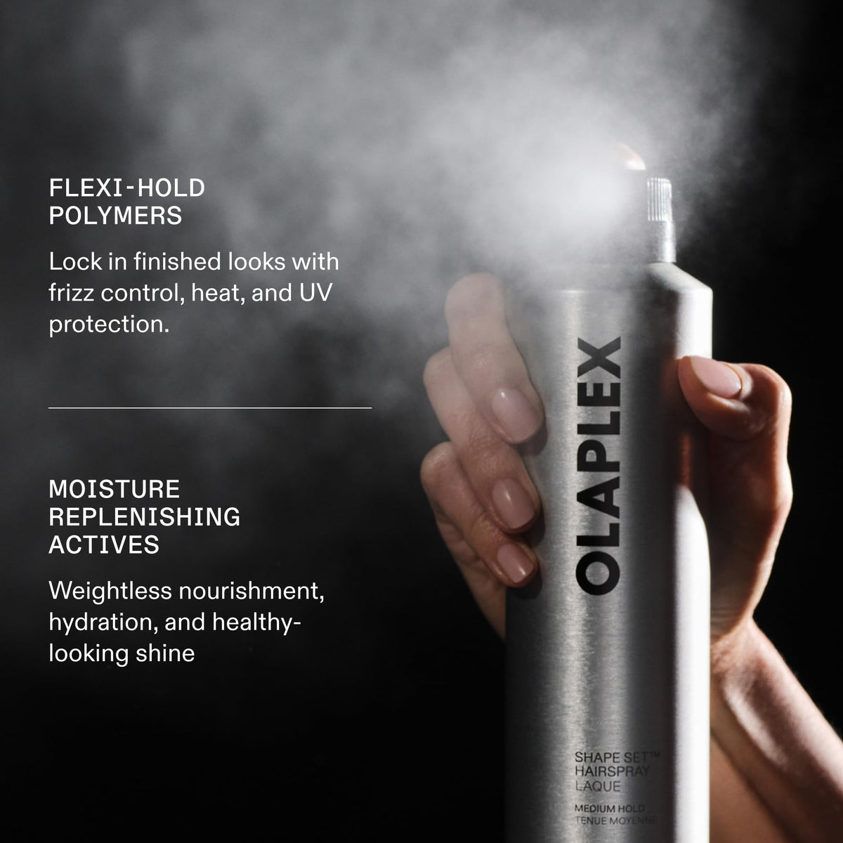 Black Olaplex Shape Set™ Hairspray, Flexible Medium Hold, Weightless, 245 mL