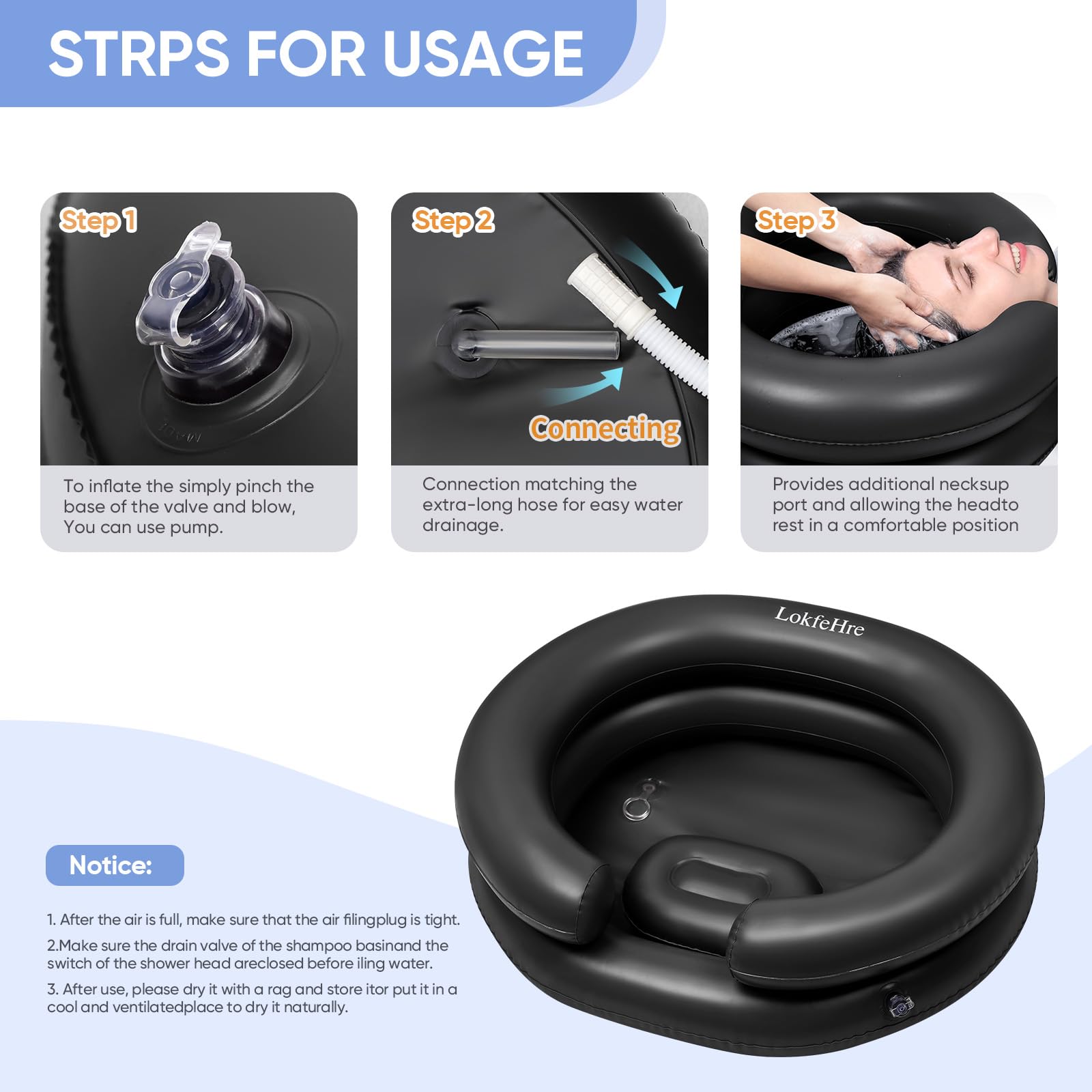 White Smoke Black Inflatable Shampoo Basin, Stain Resistant Ergonomic Neck Support Hair Washing Bowl for Bedridden Elderly Disabled, Portable Leakproof PVC Sink with Drain Hose for Home Care Locs Detox