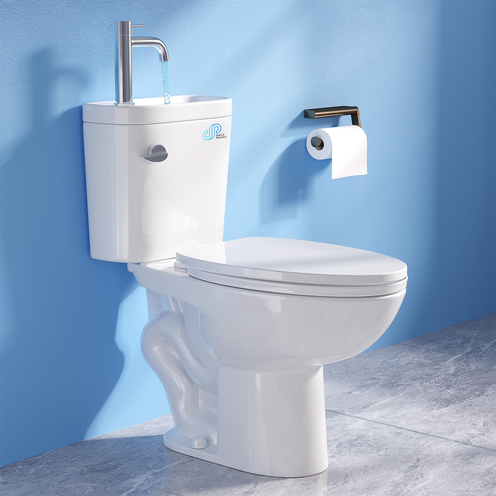 Gray Simple Project Modern Elongated Toilet with Sink, 3-IN-1 Faucet Toilets with 12 Inch Rough IN & 1.28 GPF Single Flush, 17 Inch Tall Toilet Sink Combo for Small Bathrooms (Include Faucet)