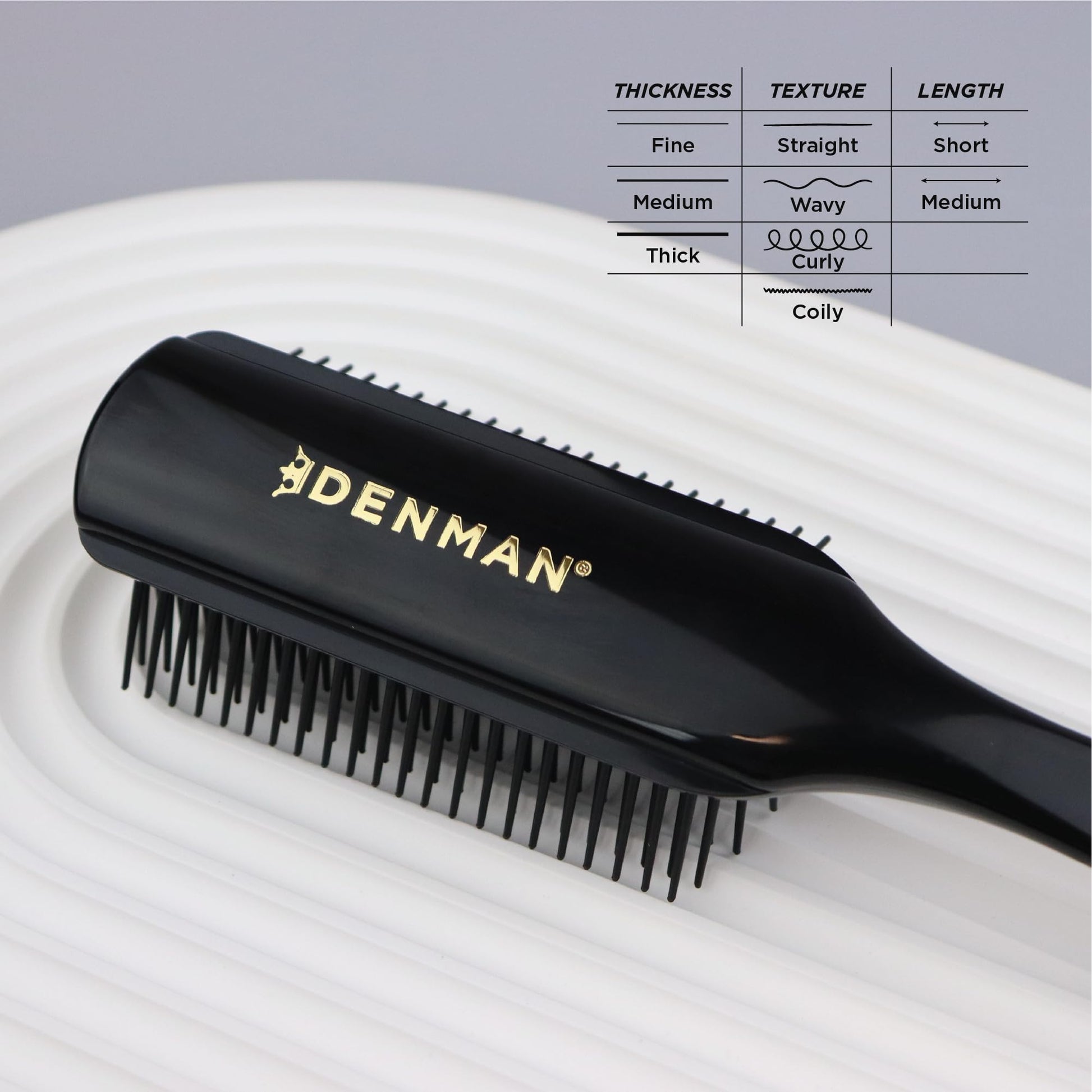 Lavender Denman Curly Hair Brush D4 (All Black) 9 Row Styling Brush for Styling, Smoothing Longer Hair and Defining Curls - For Women and Men