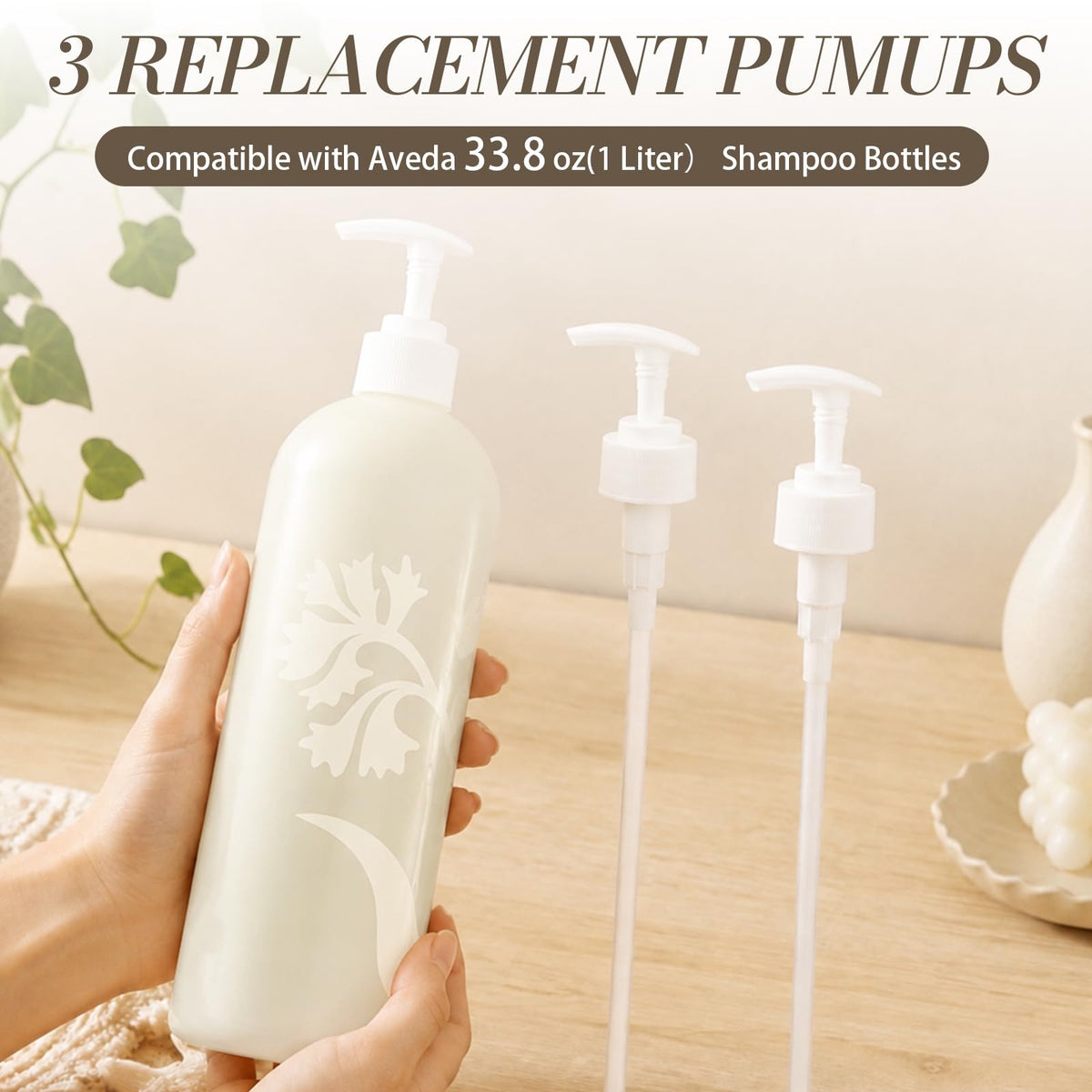 Light Gray 3-Pack Pump Dispenser for Aveda 33.8 oz 1 Liter Shampoo Bottle, White