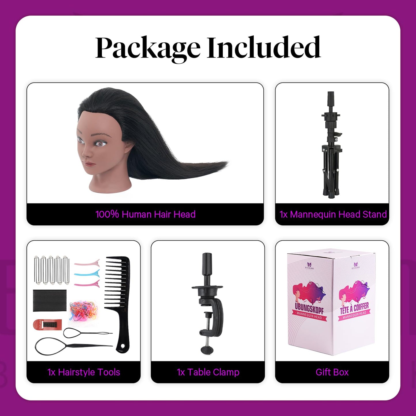 White Smoke 18" Mannequin Head Human Hair with Stand - 100% Real Human Hair Mannequin Head for Braiding, Cosmetology Manikin Doll Head for Hair Styling with Tripod Stand Table Clamp Hair Braiding Set,Black