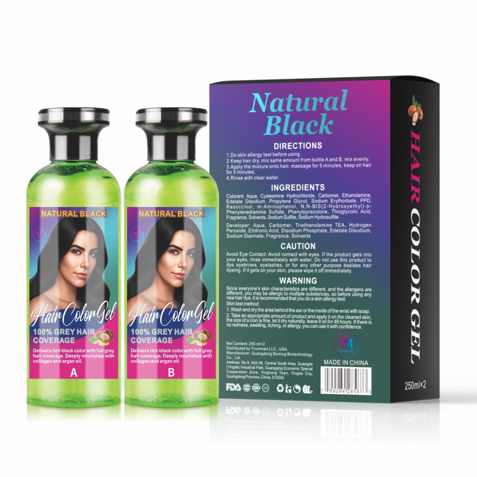 White Smoke Hair Dye – Natural Black – 2-Part Gel with Collagen & Argan Oil – No Ammonia – 100% Gray Coverage – Long-Lasting Semi-Permanent Hair Color for Men & Women