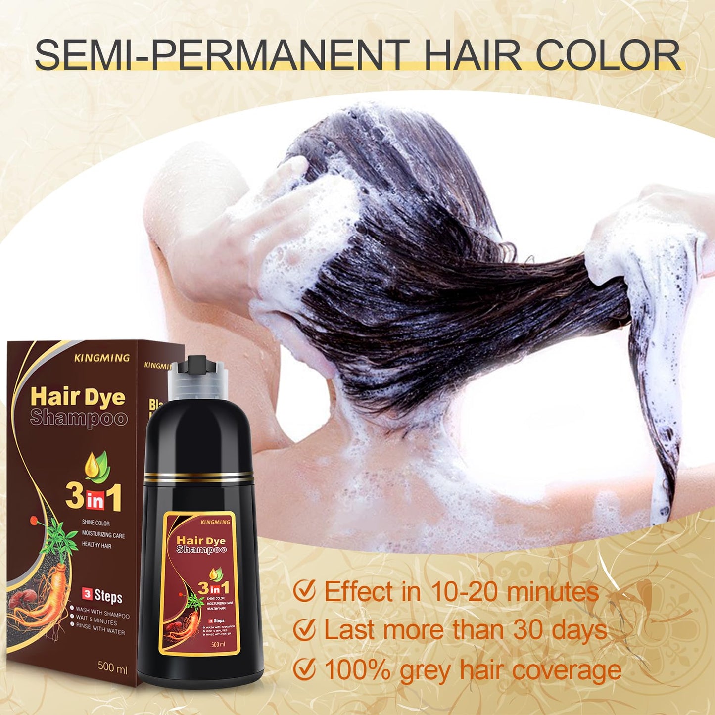White Smoke KINGMING Dark Brown Herbal Instant Color Shampoo for Gray Hair Coverage for Women & Men - 3 in 1 Champu Con Tinte Para Canas 500ml