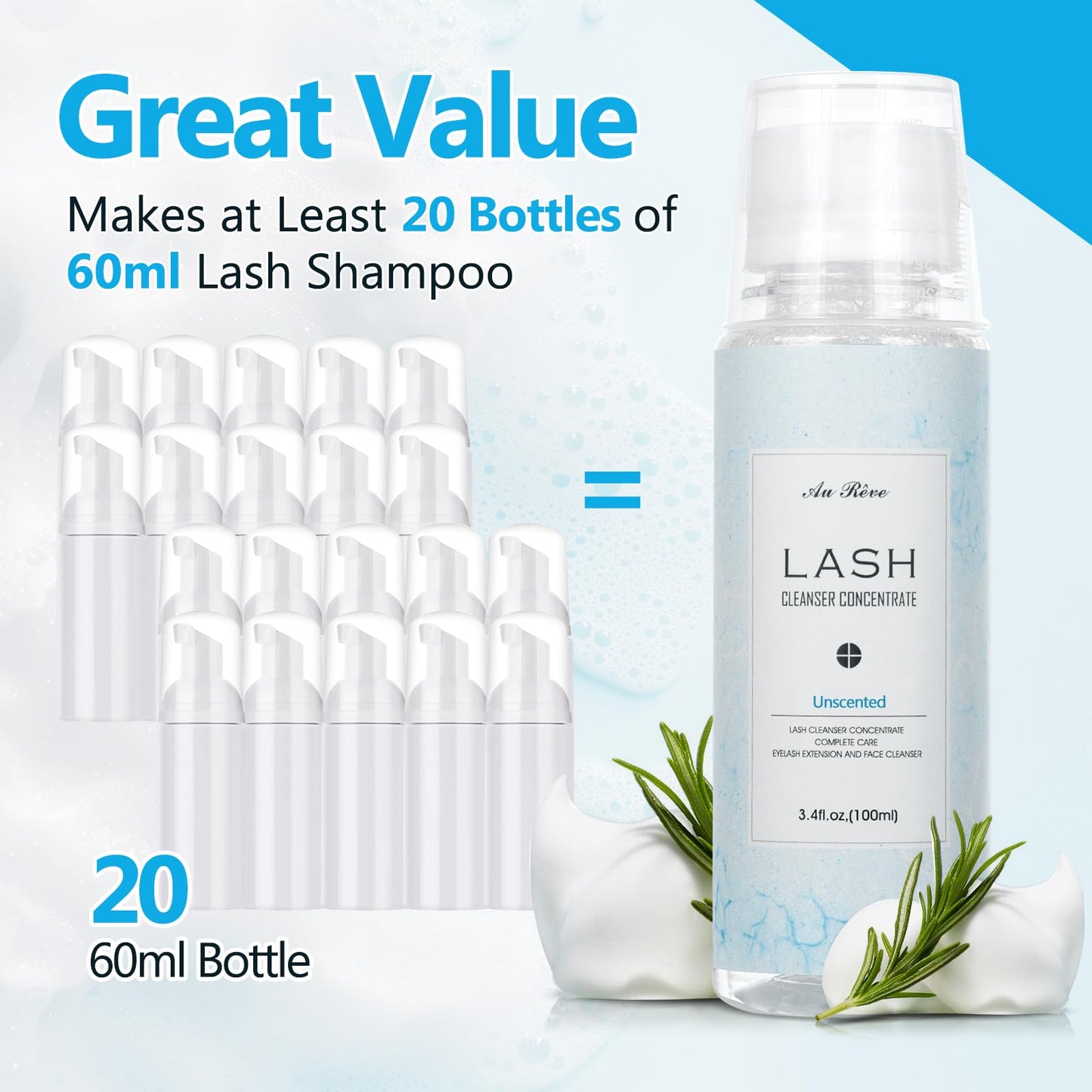 Lavender AuReve Lash Shampoo Concentrate 100ml Lash Extension Cleanser Oil-Free Eyelash Extension Shampoo with Salon Home Care -Makes 20 Bottles 60ml Lash Shampoo,Unscented