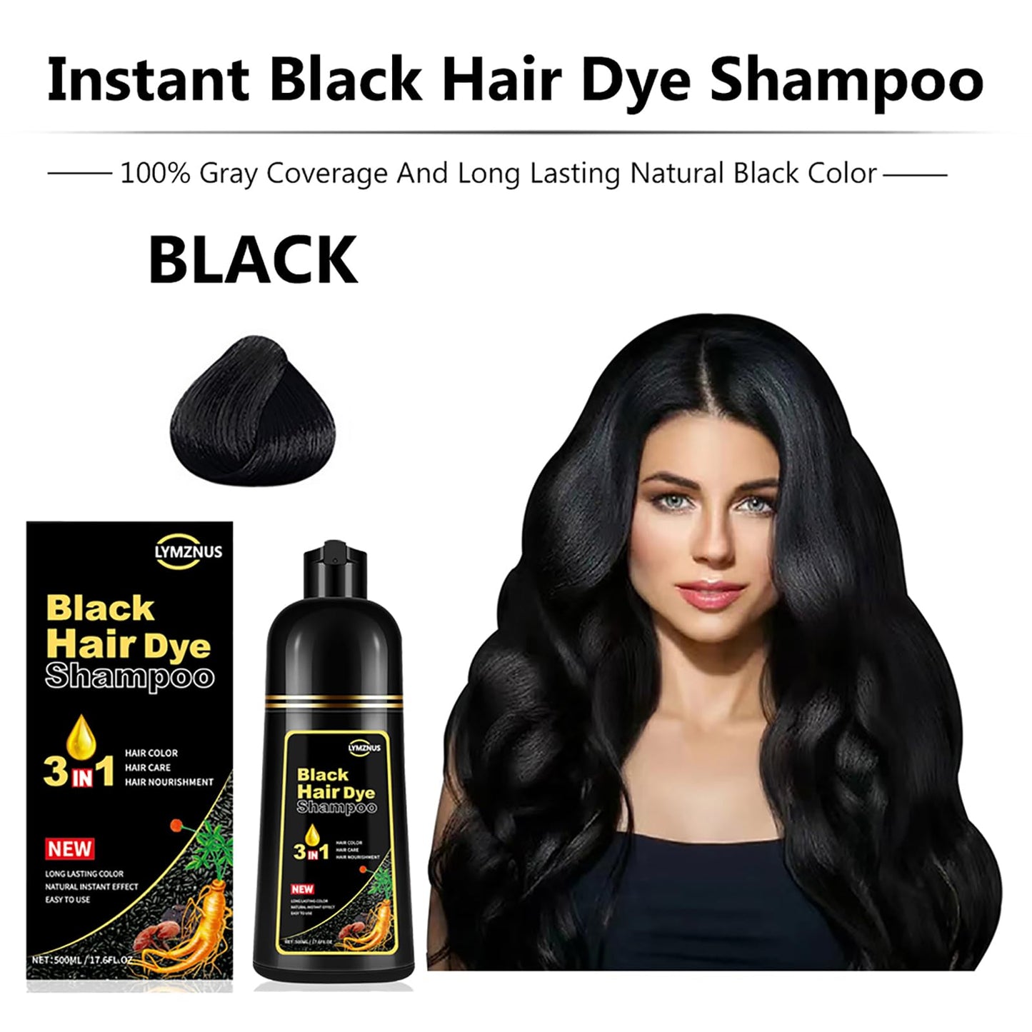 White Smoke lymznus Herbal Black Hair Dye Shampoo 3 in 1 for Gray Hair, Instant Hair Color Shampoo for Women & Men, Black Hair Shampoo for 100% Grey Coverage 500ML