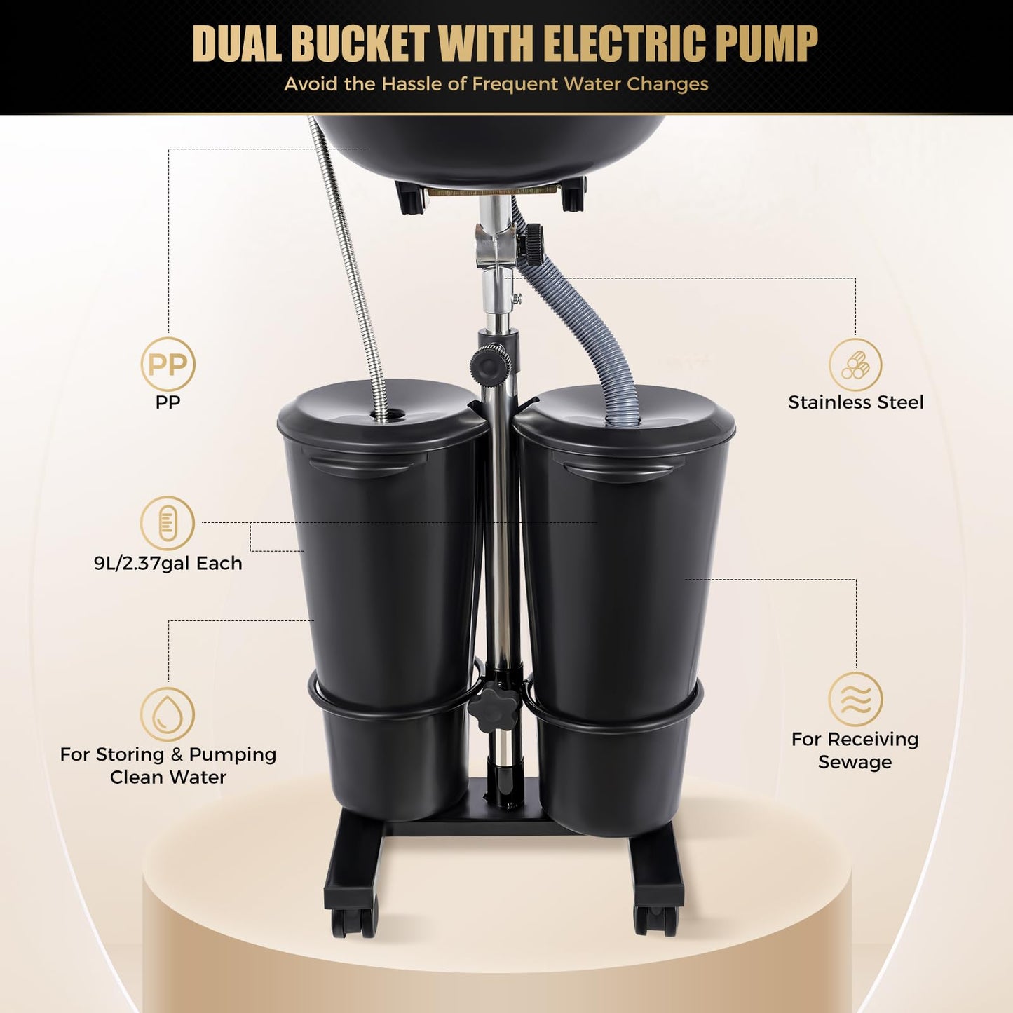 Antique White Electric Portable Shampoo Bowl Shampoo Table Hairdresser's Shampoo Basin Home Sink Shampoo Tray With Adjustable Height and Downspout; Sprinkler with On/Off Switch (Black with 2 Buckets)