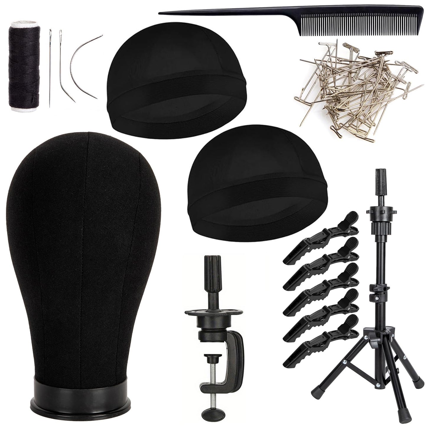 White Smoke GOODColla Mannequin Canvas Head with Wig Stand for Making Display, Cork Canvas Block Head with Wig Caps, Canvas Mannequin Head with T Pins Set Hair Styling Practice Display