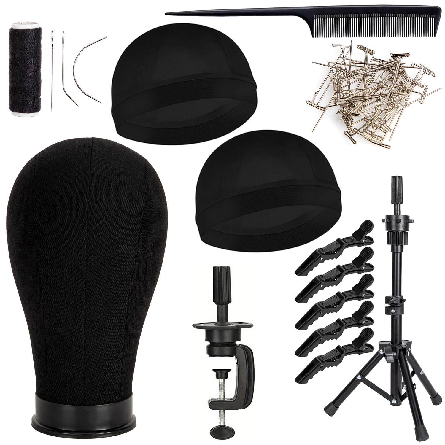 White Smoke GOODColla Mannequin Canvas Head with Wig Stand for Making Display, Cork Canvas Block Head with Wig Caps, Canvas Mannequin Head with T Pins Set Hair Styling Practice Display