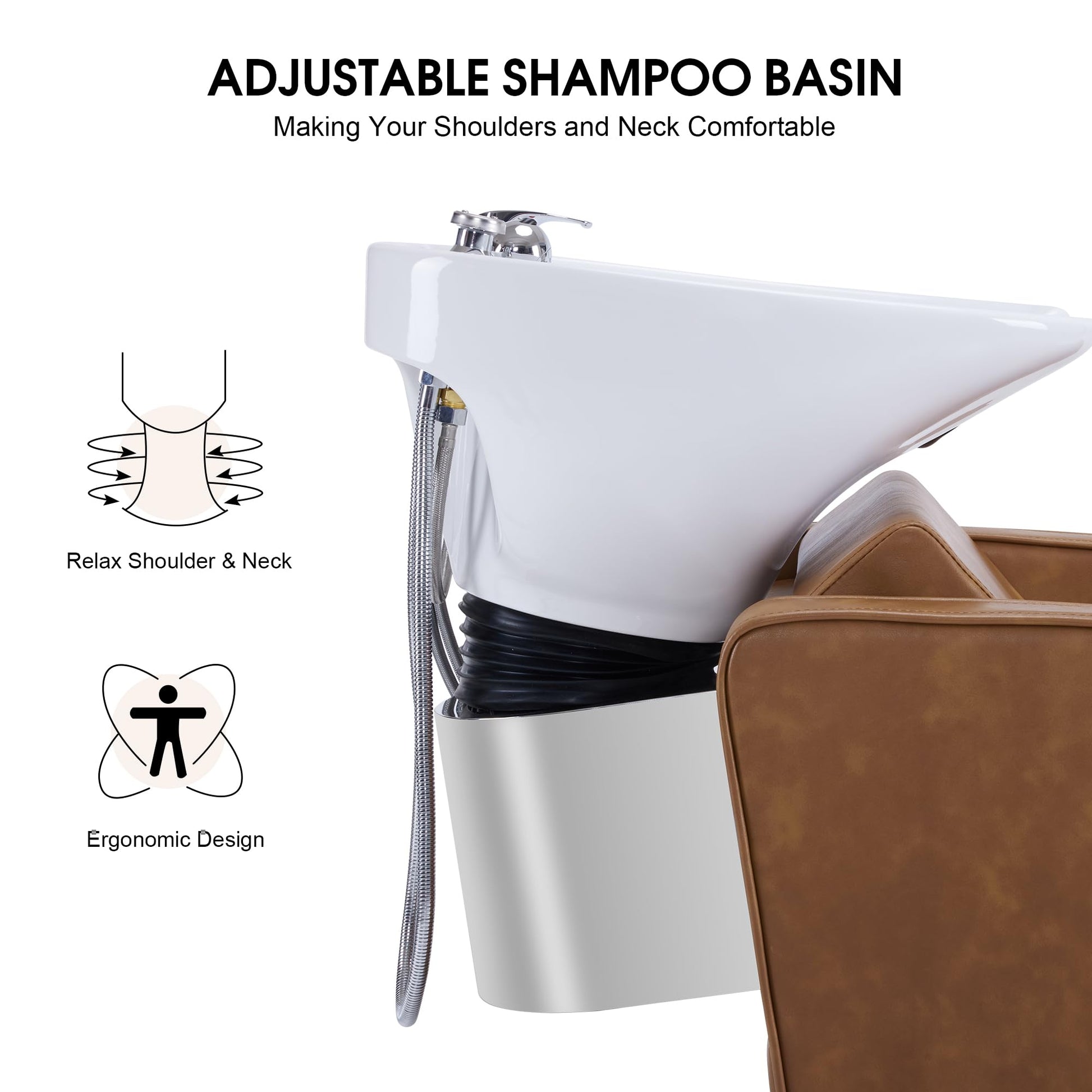 White Smoke BarberPub Backwash Shampoo Station Chair, Adjustable Porcelain Ceramic Hair Wash Bowl Sink Unit Station, Reclining Shampoo Station Chair for Spa Beauty Salon Hair Salon Equipment 9303 (Brown)