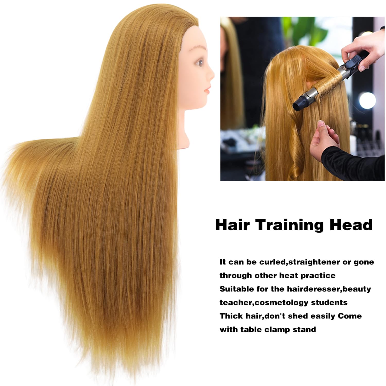 White Smoke MEICARSON 26"-28" Mannequin Head Hair Styling Training Head Manikin Cosmetology Doll Head Synthetic Fiber Hair and Free Clamp Holder Stand Hair Styling Set for Hair Extensions （ golden/yellow）