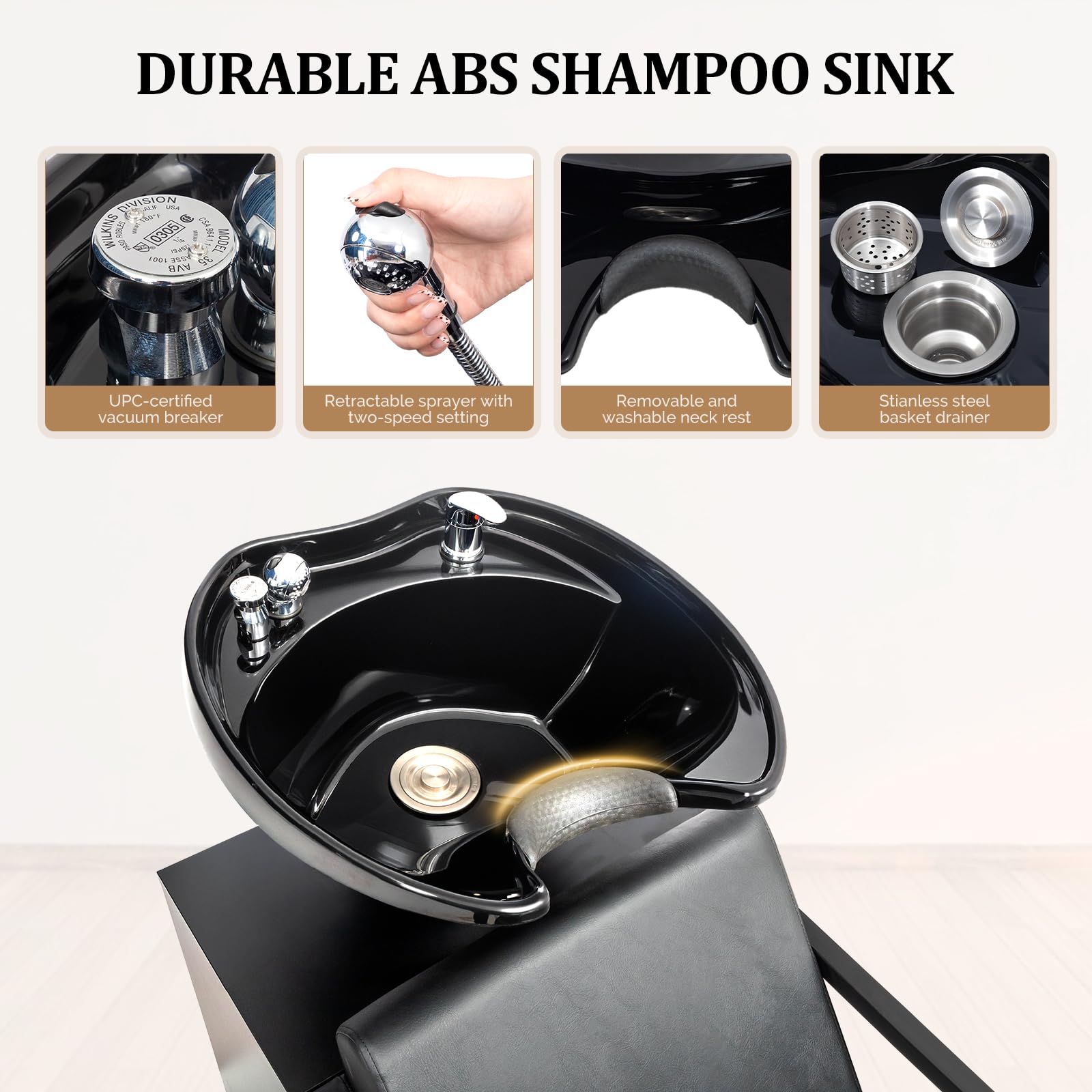 White Smoke OmySalon Salon Shampoo Bowl and Chair, Hair Washing Station w/Tilting Sink & Storage Cabinet, Backwash Barber Chair for Barbershop Beauty Spa Massage Hairdressing